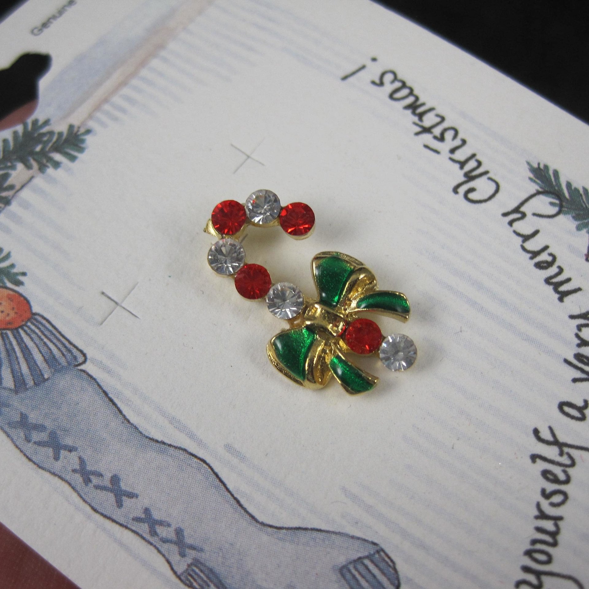 Vintage Crystal Enamel Candy Cane Pin New Old Stock