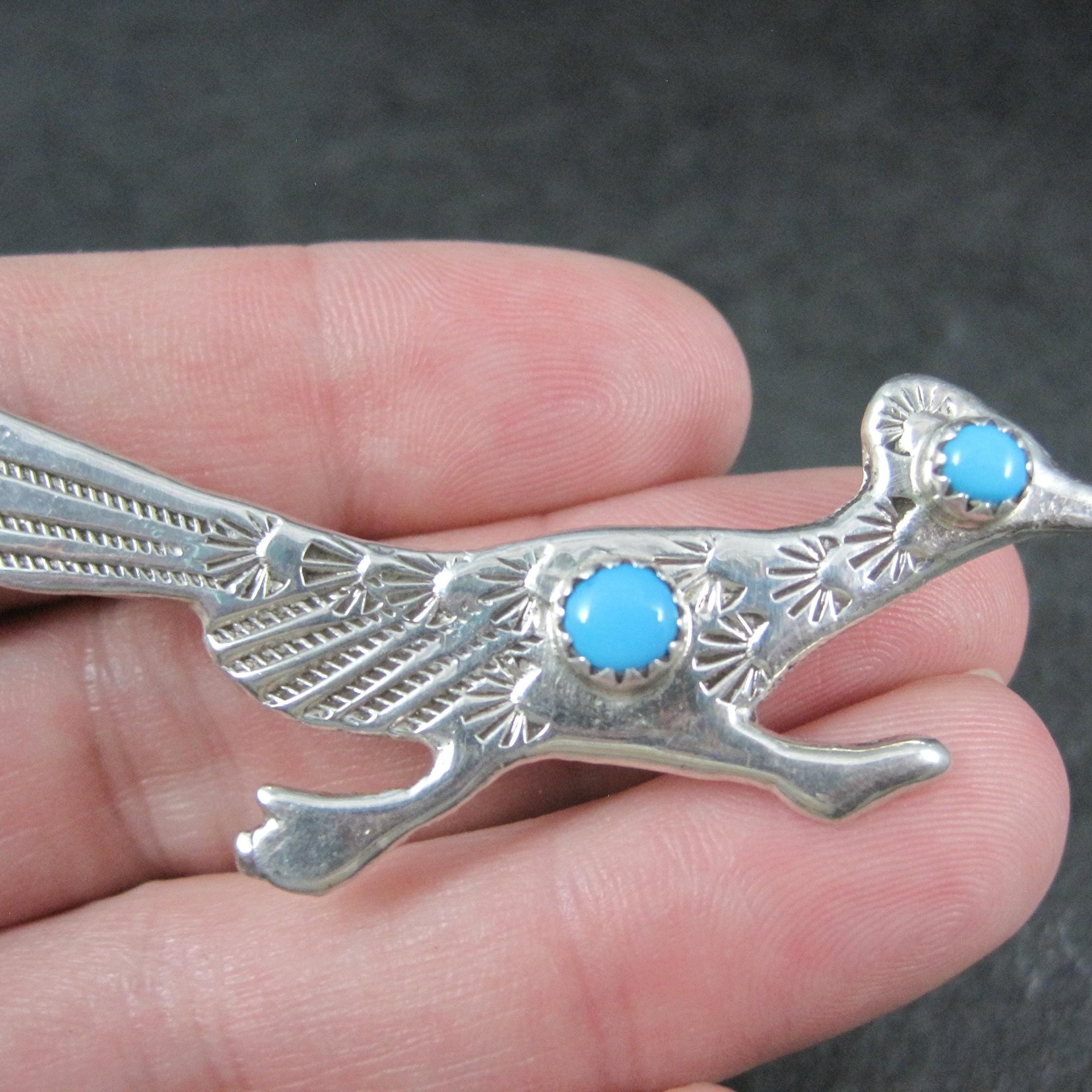 Vintage Sterling Native American Turquoise Roadrunner Brooch