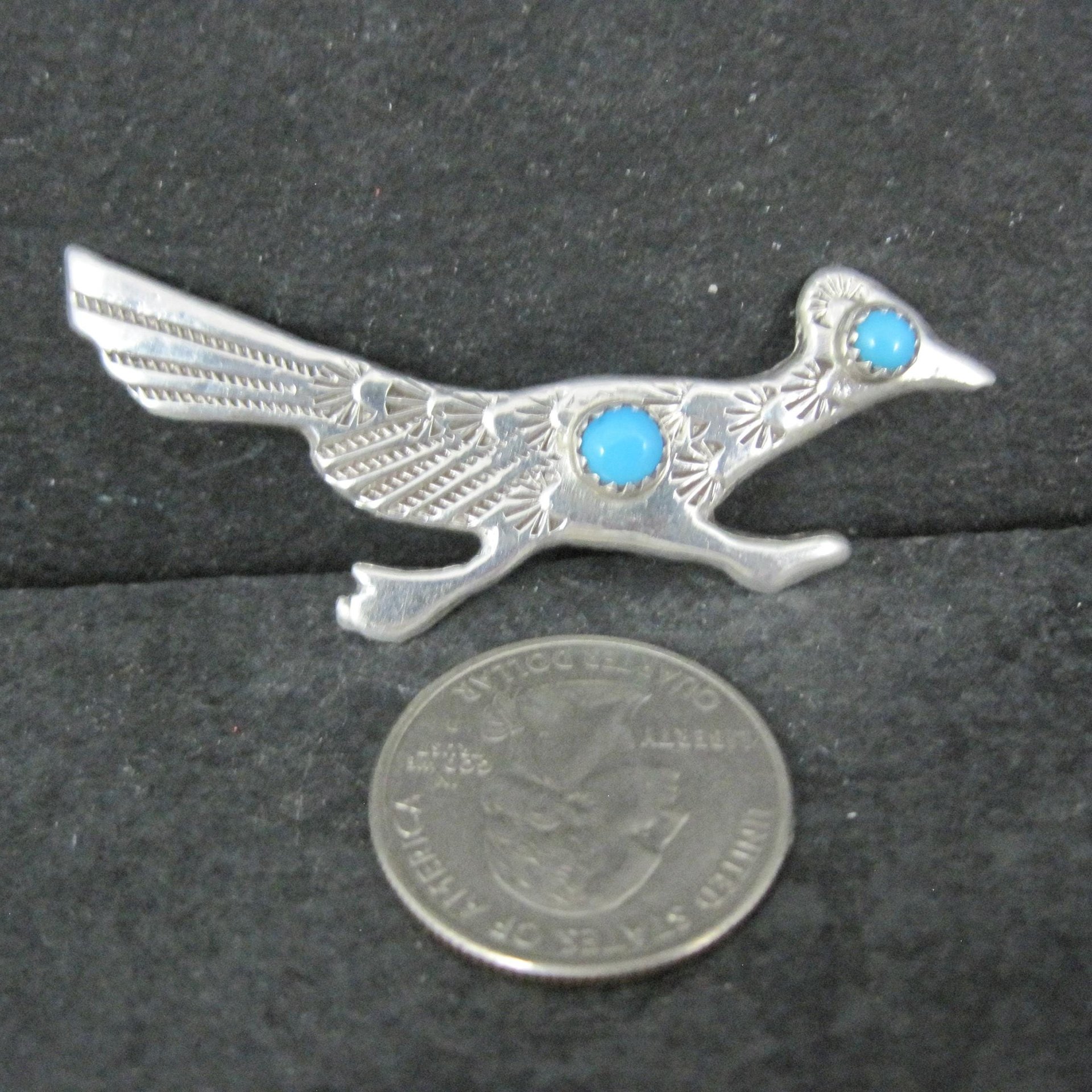 Vintage Sterling Native American Turquoise Roadrunner Brooch