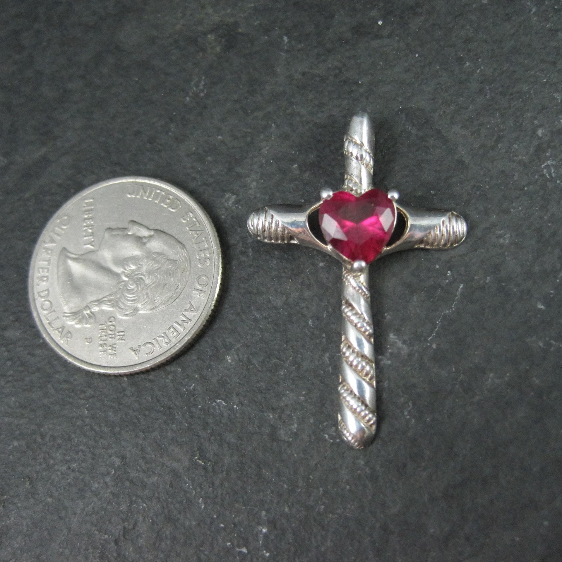 Sterling Silver Ruby Heart Cross Pendant