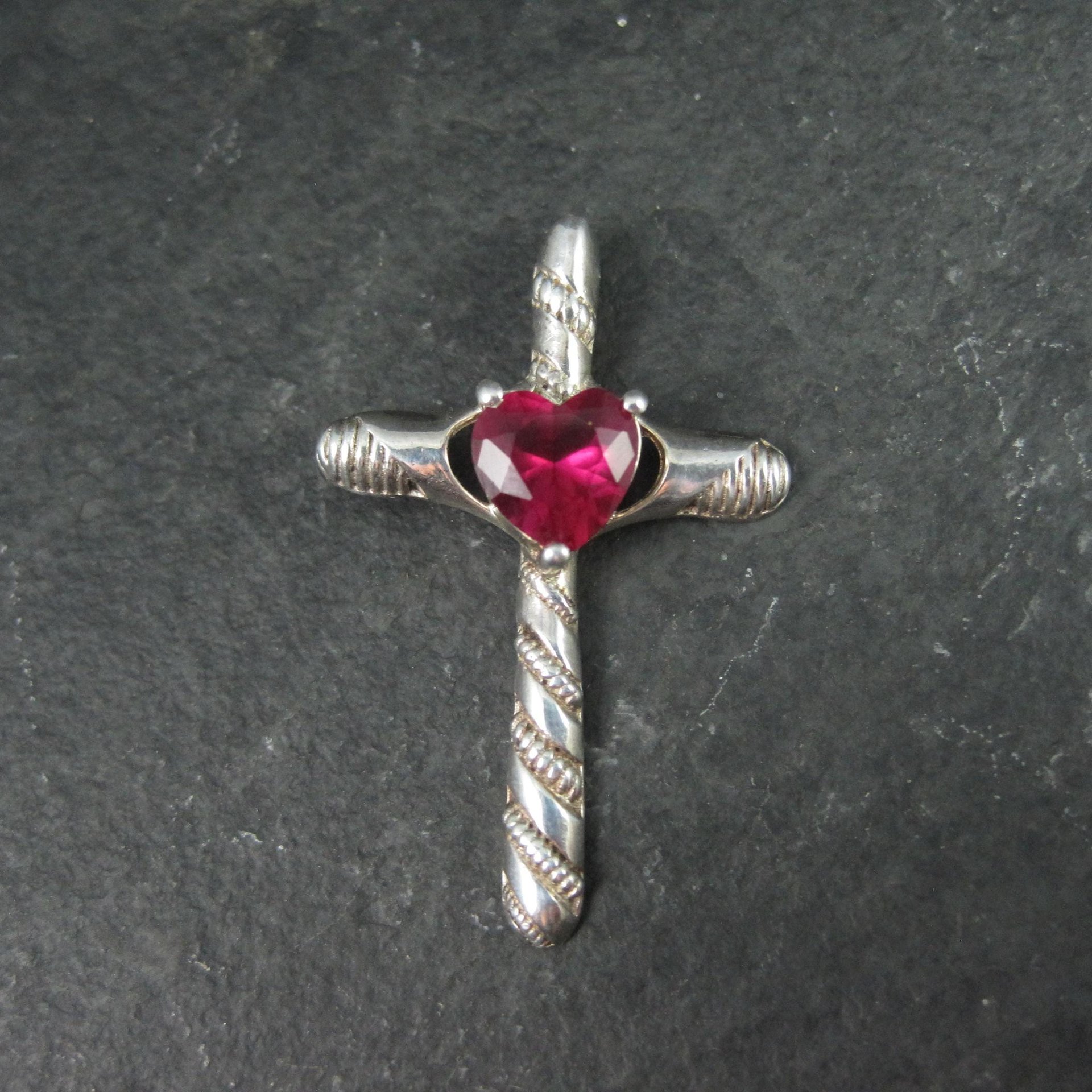 Sterling Silver Ruby Heart Cross Pendant