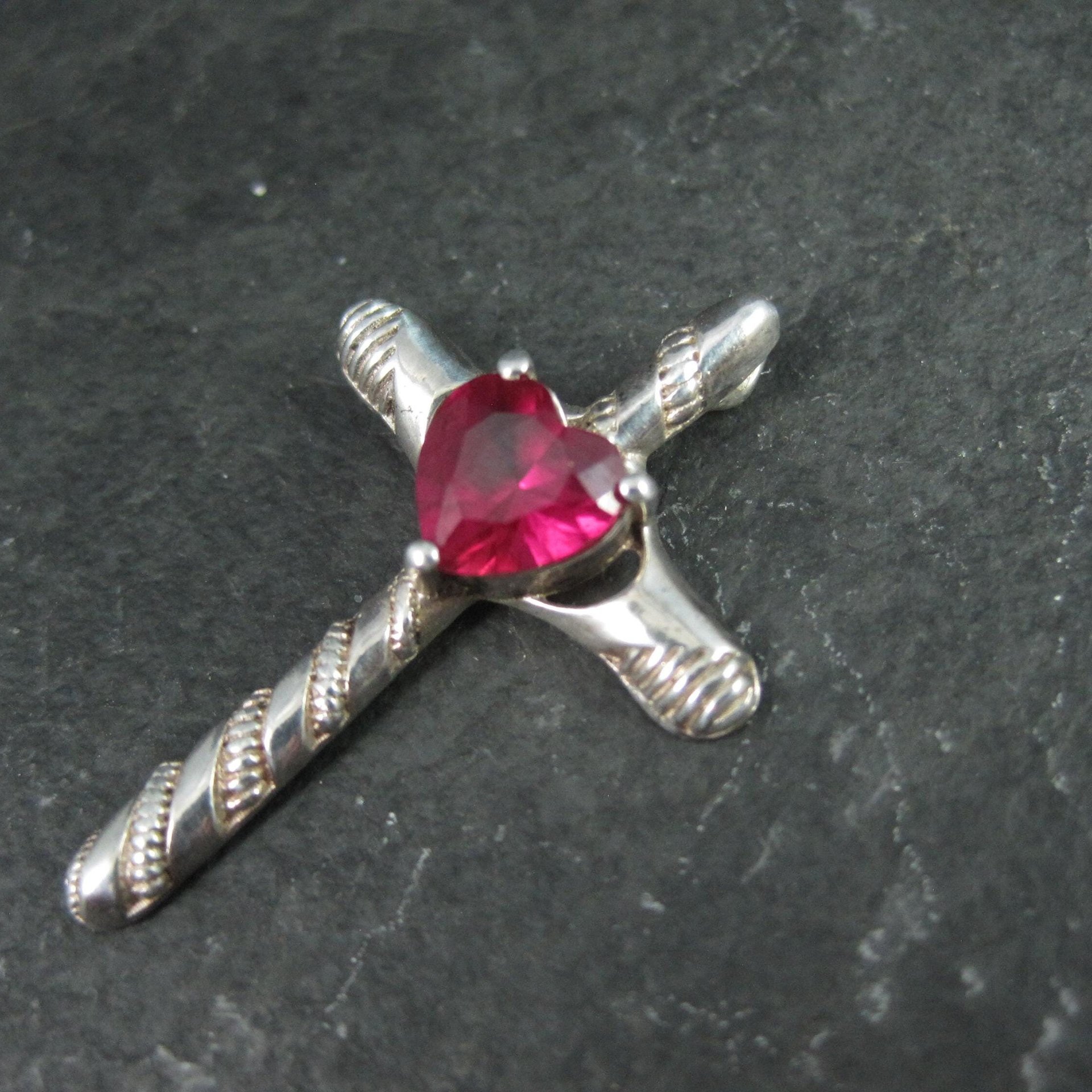Sterling Silver Ruby Heart Cross Pendant