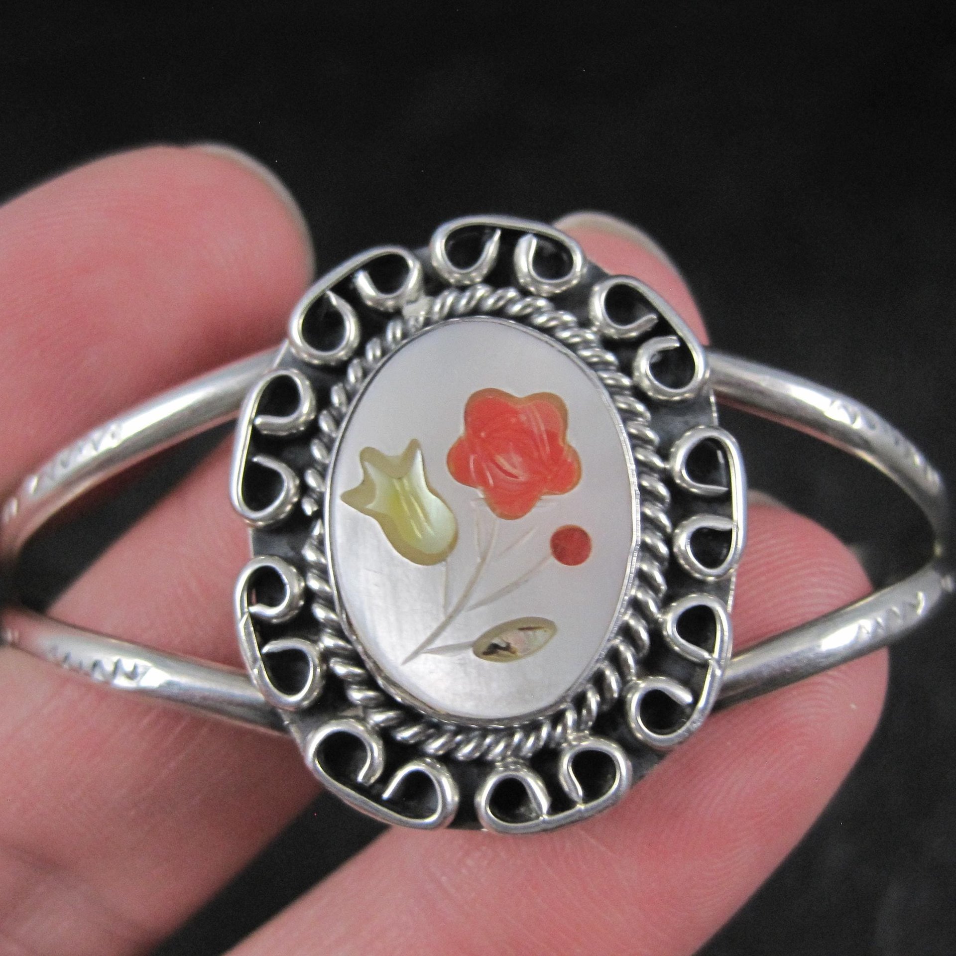 Southwestern Sterling Silver Inlaid Flower Cuff Bracelet 5.5 Inches