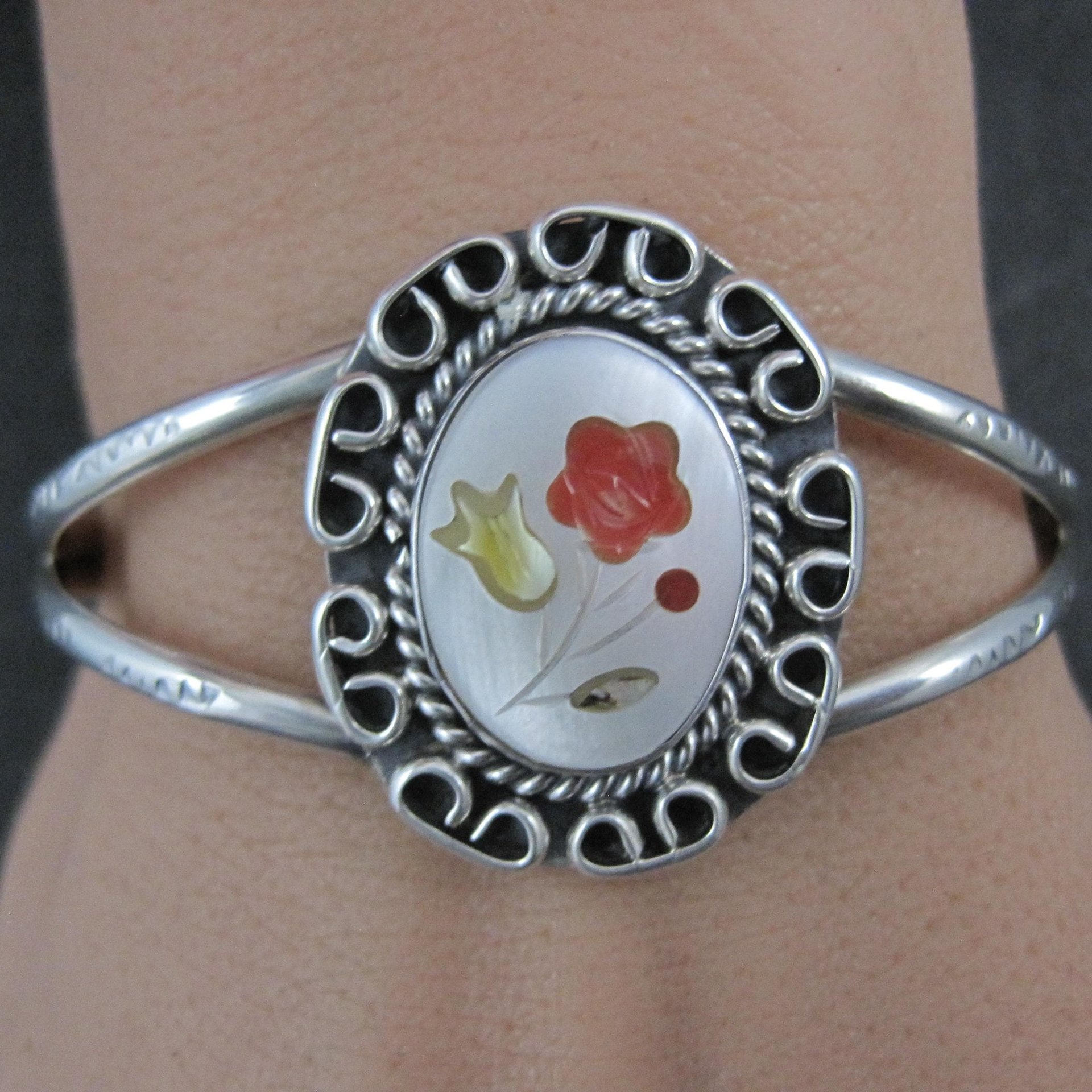 Southwestern Sterling Silver Inlaid Flower Cuff Bracelet 5.5 Inches