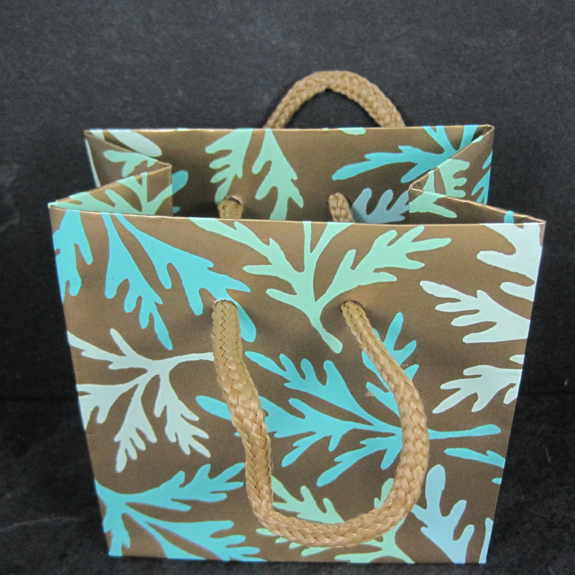 Lot of 2 Small Glossy Aqua Turquoise Leaf Gift Bags 4x2.5x4"