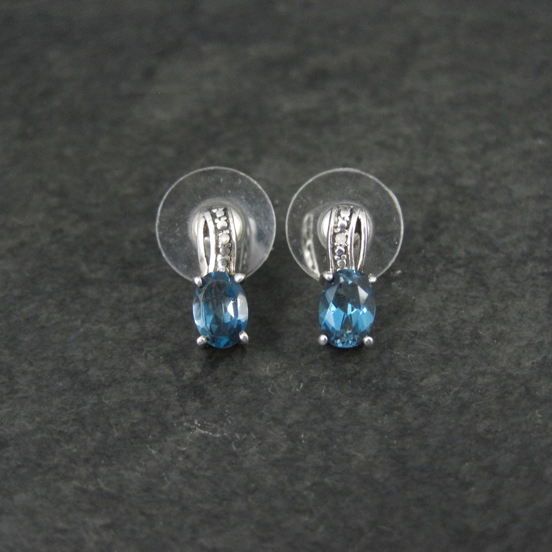 Blue Topaz and Diamond Stud Earrings Sterling Silver