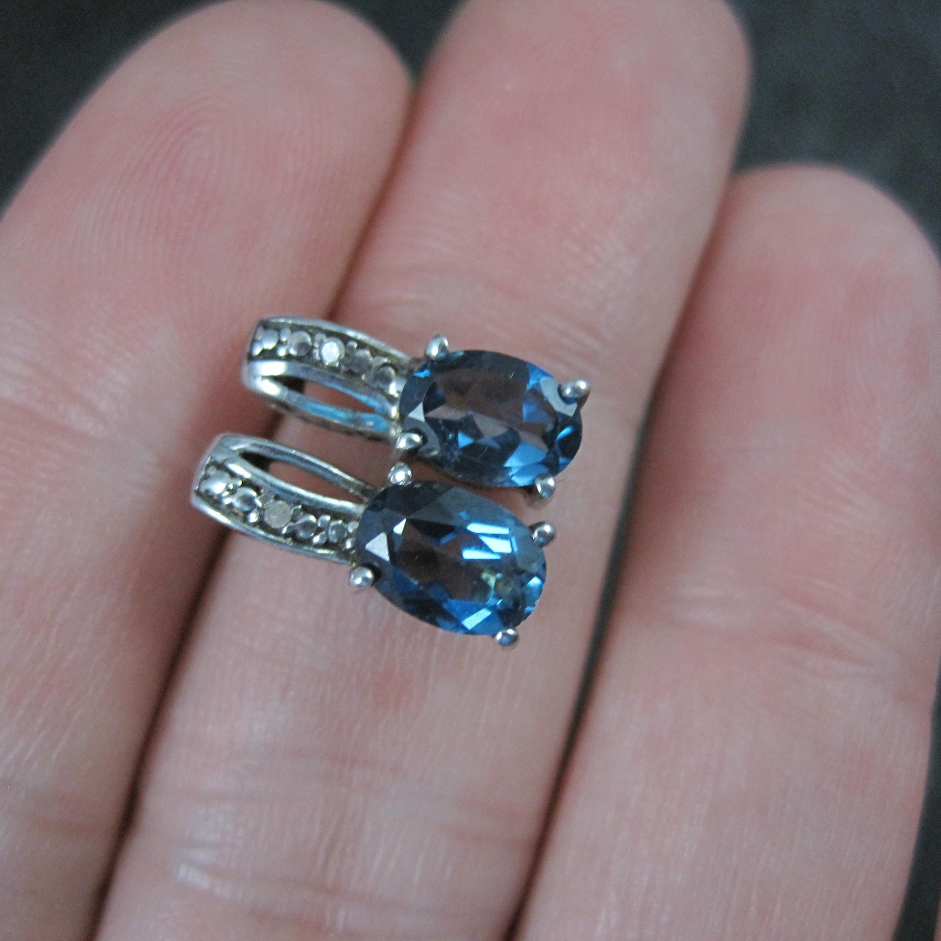 Blue Topaz and Diamond Stud Earrings Sterling Silver