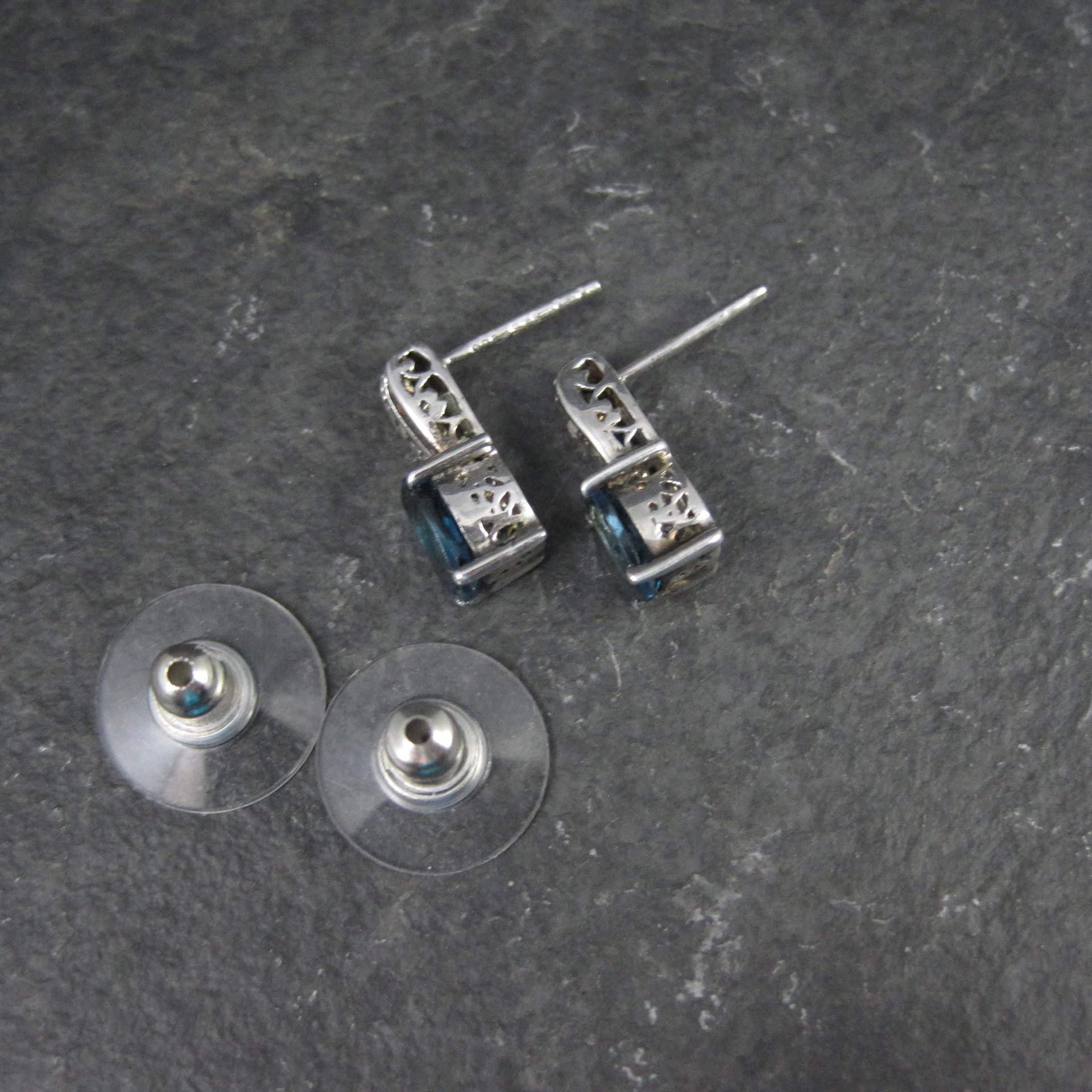 Blue Topaz and Diamond Stud Earrings Sterling Silver