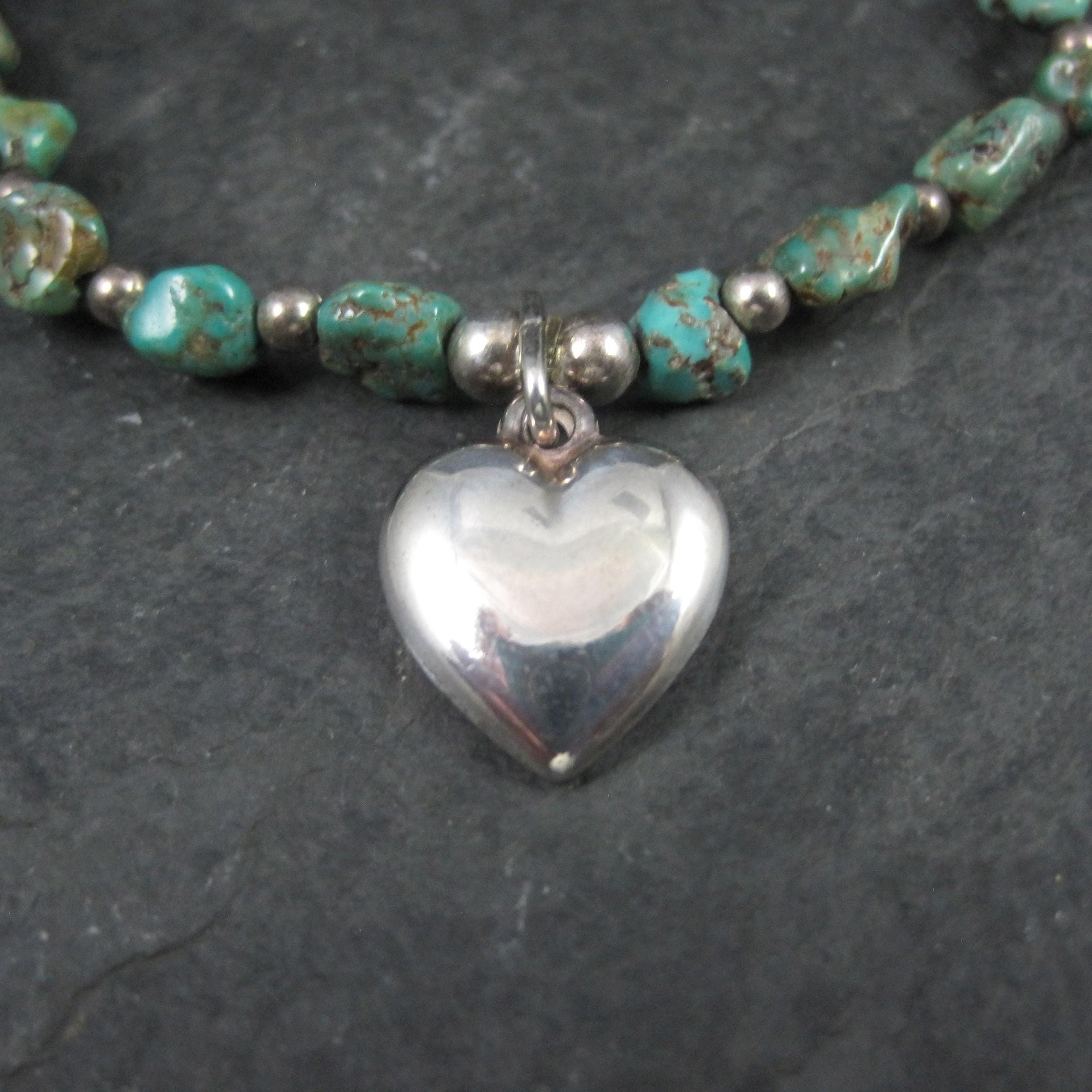 Green Turquoise Stretch Bracelet with Sterling Silver Heart Charm