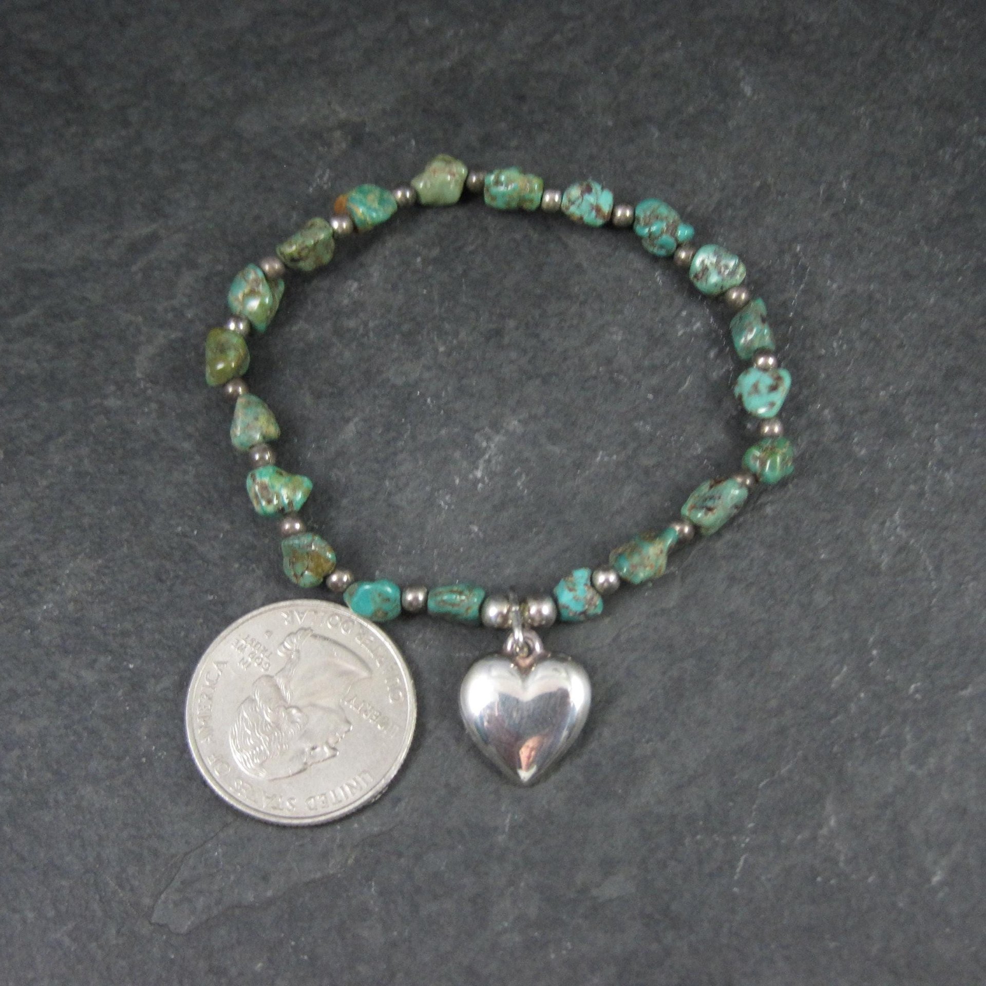Green Turquoise Stretch Bracelet with Sterling Silver Heart Charm