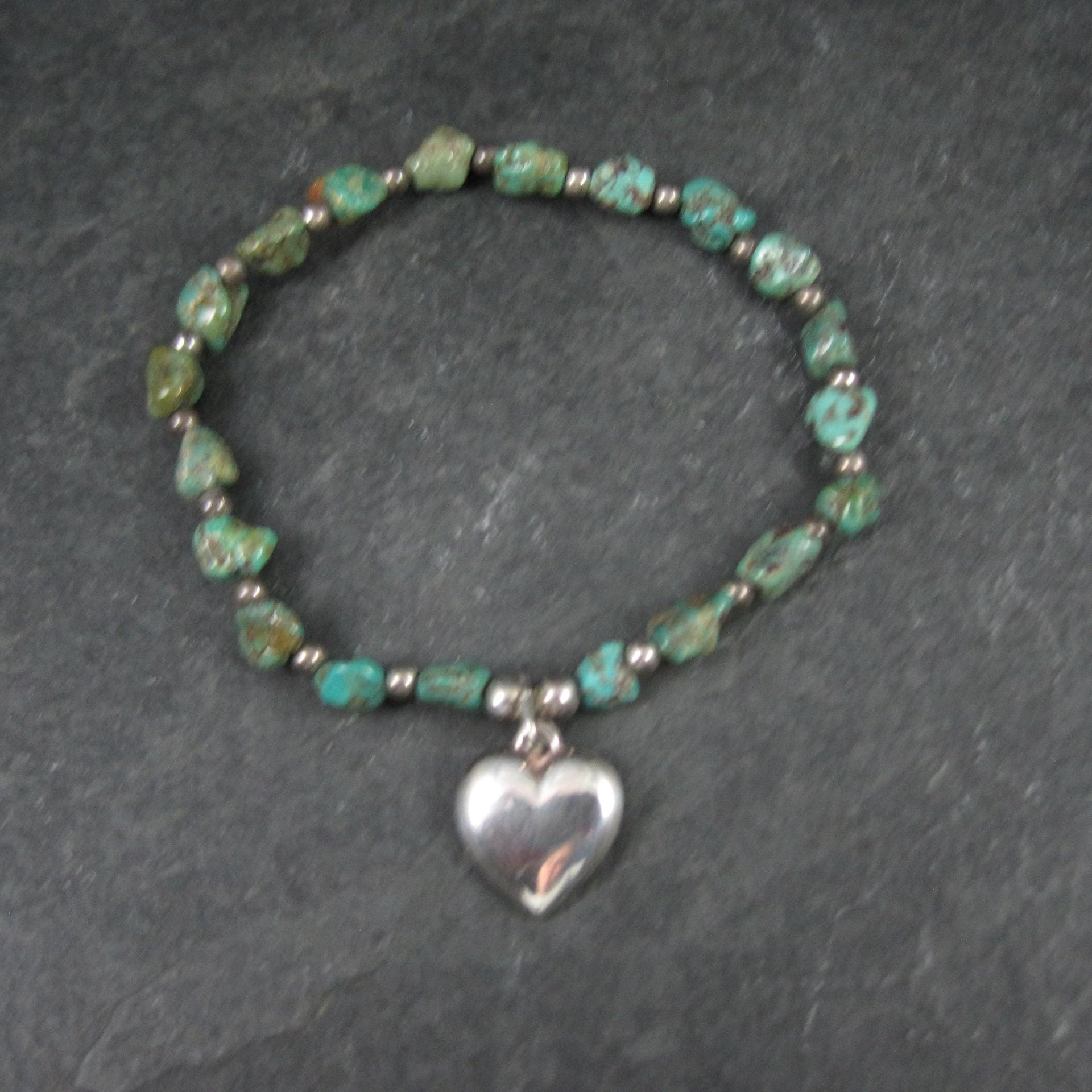 Green Turquoise Stretch Bracelet with Sterling Silver Heart Charm
