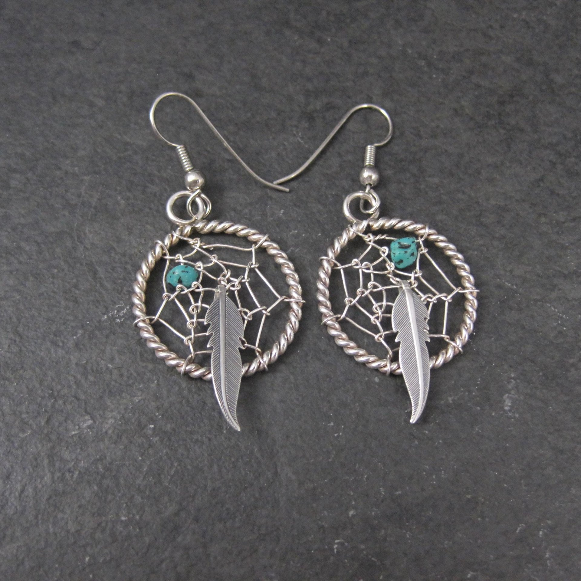 Southwestern Turquoise and Feather Dreamcatcher Earrings Sterling Silver