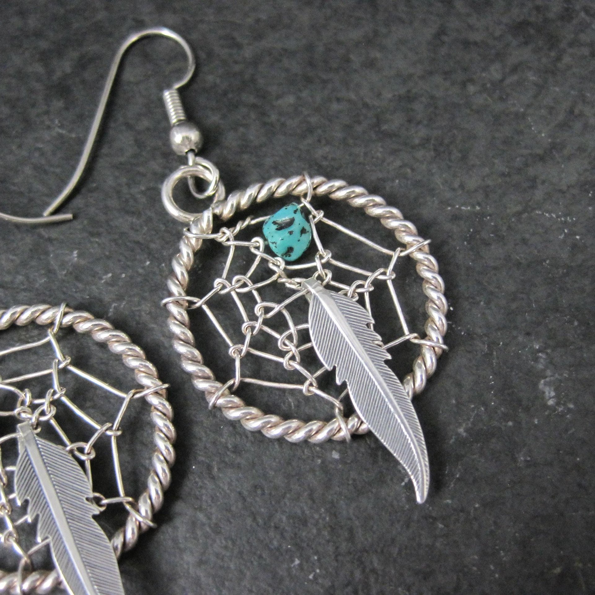 Southwestern Turquoise and Feather Dreamcatcher Earrings Sterling Silver