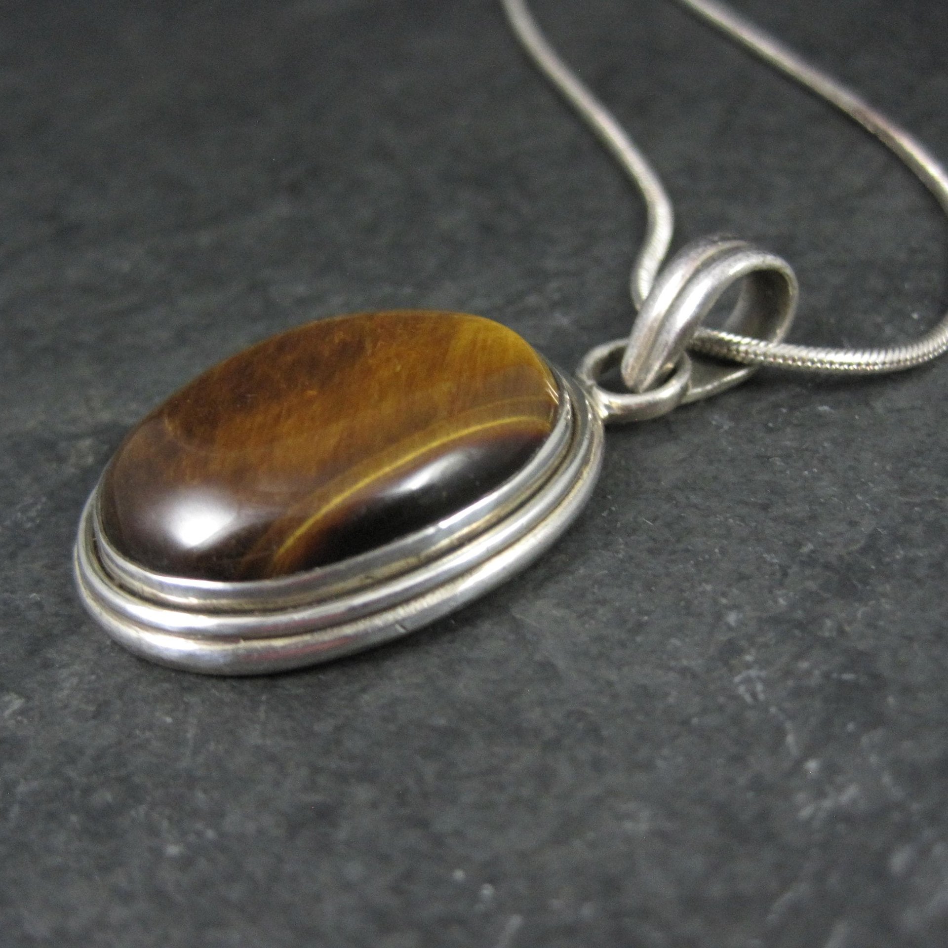 Vintage Sterling Tiger Eye Pendant Silver Estate Necklace