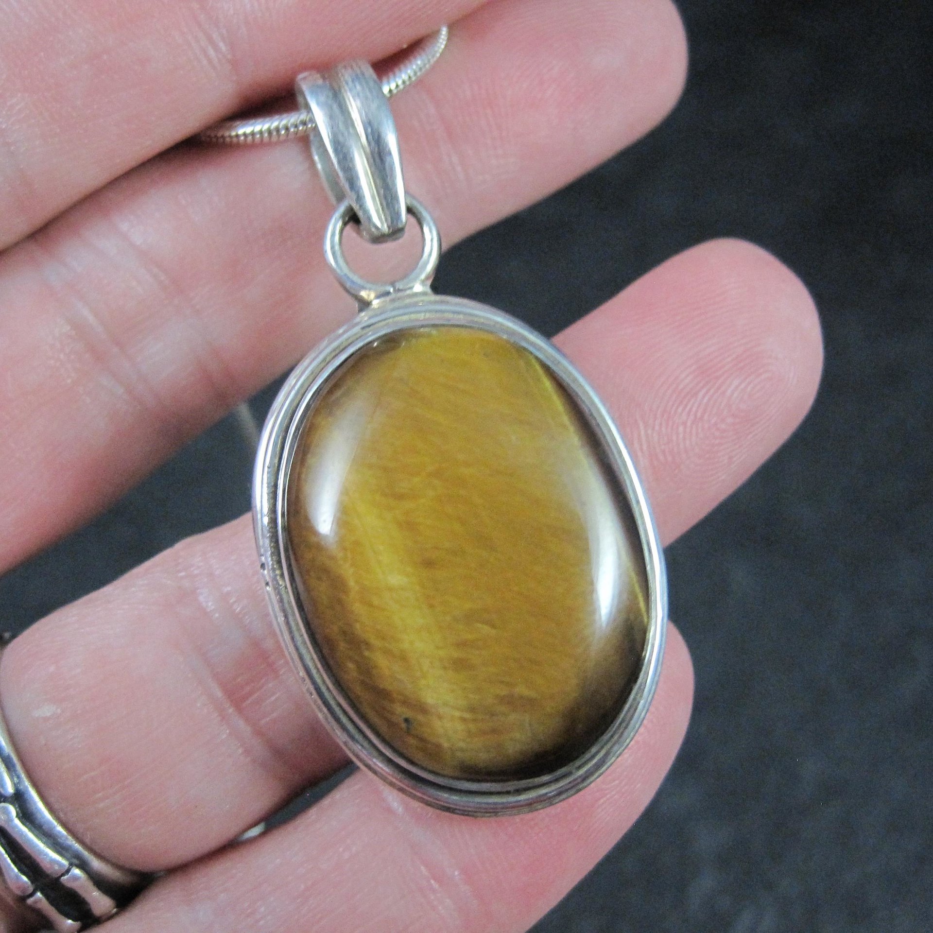 Vintage Sterling Tiger Eye Pendant Silver Estate Necklace