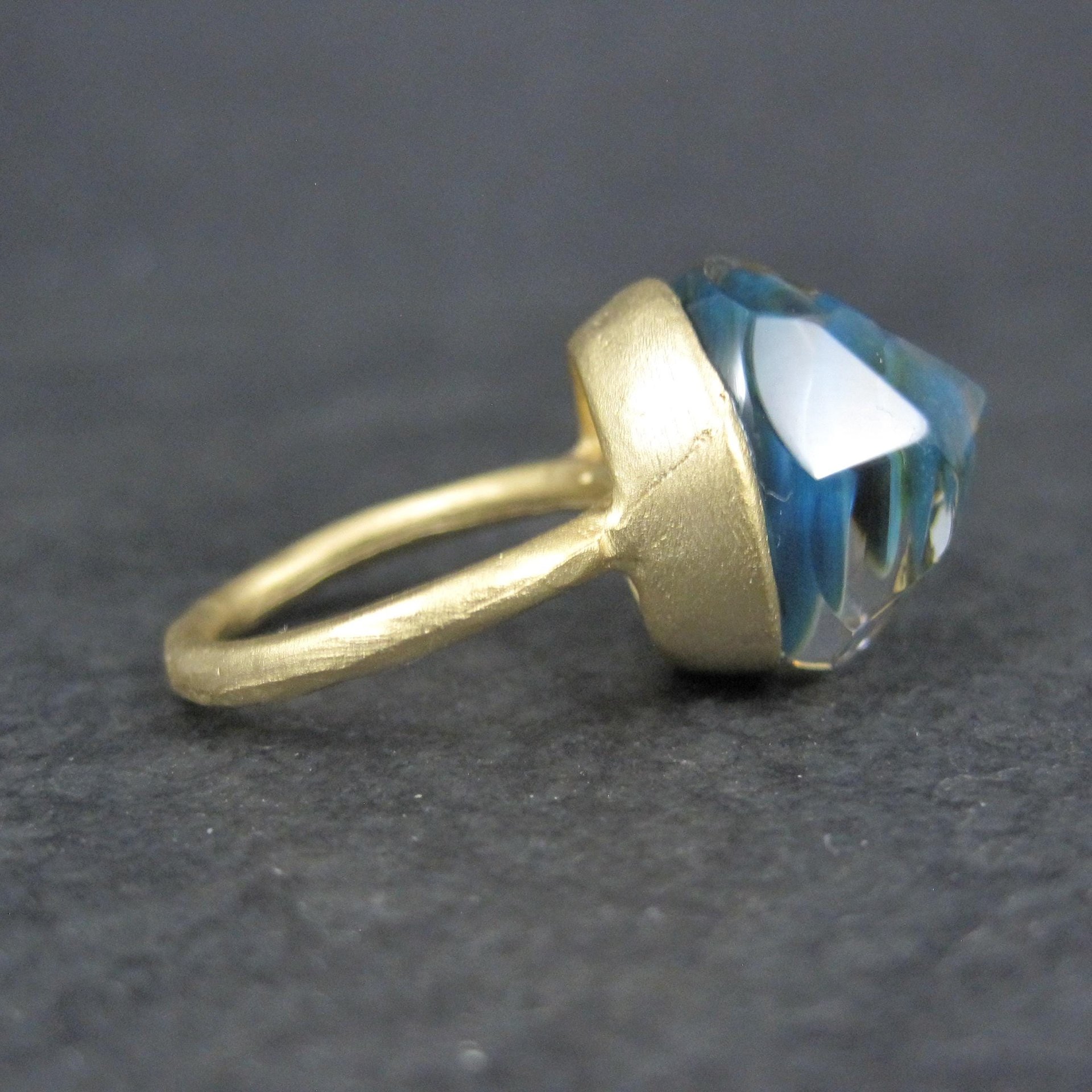 Bronze Blue Art Glass Ring Size 5.5 One of a Kind