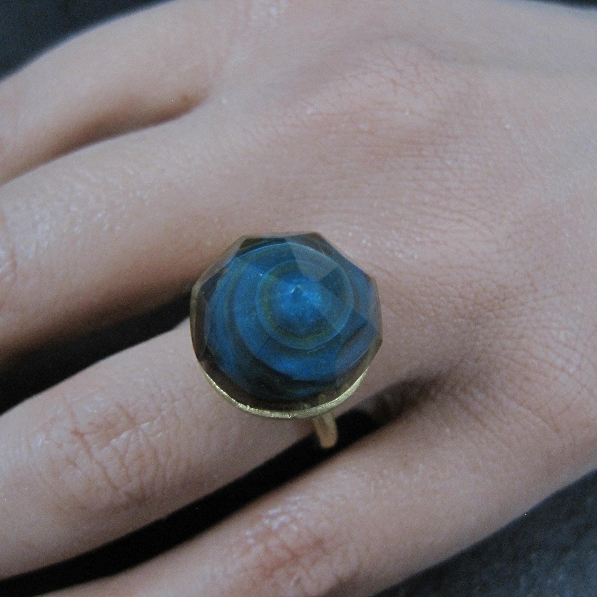 Bronze Blue Art Glass Ring Size 5.5 One of a Kind