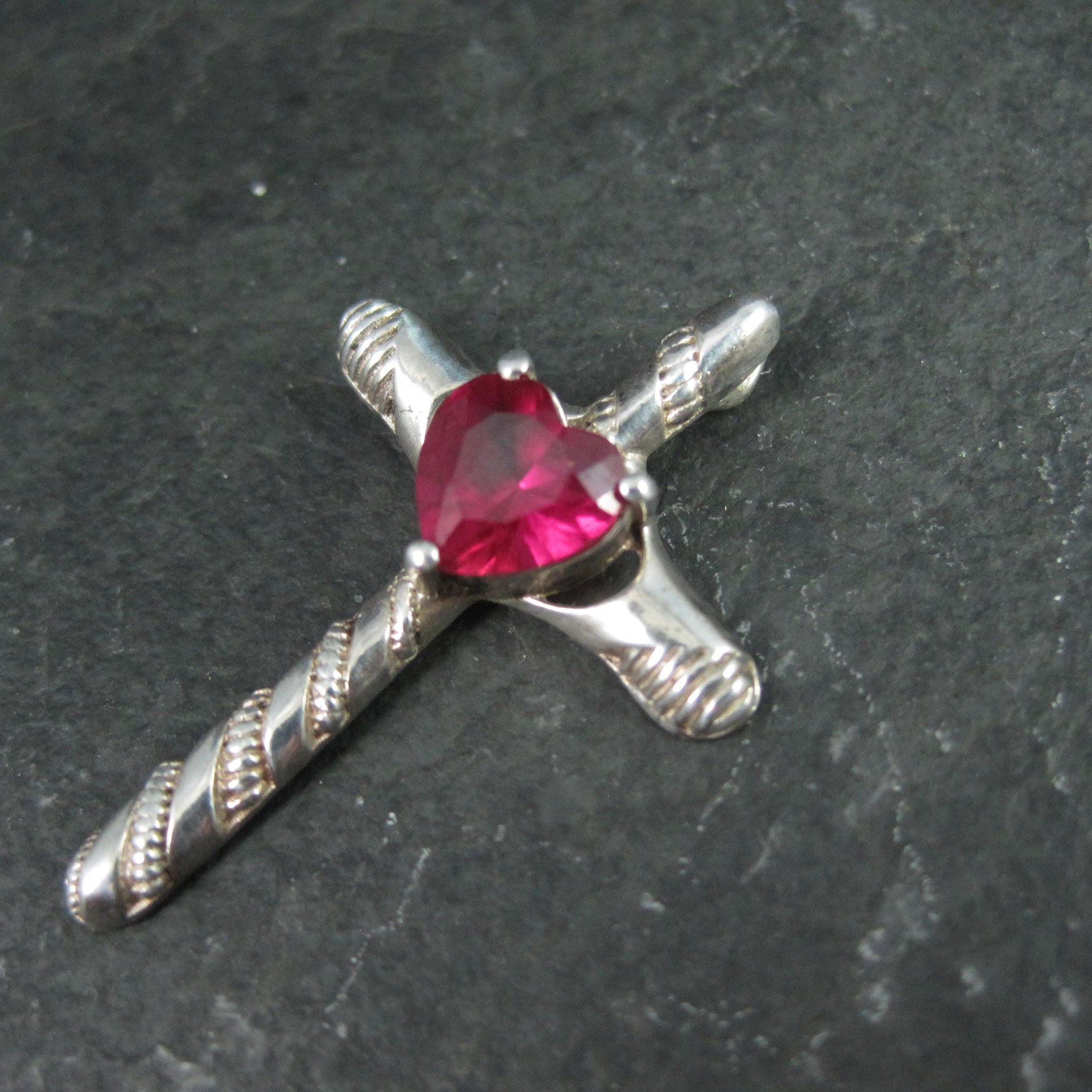 Sterling Silver Ruby Heart Cross Pendant