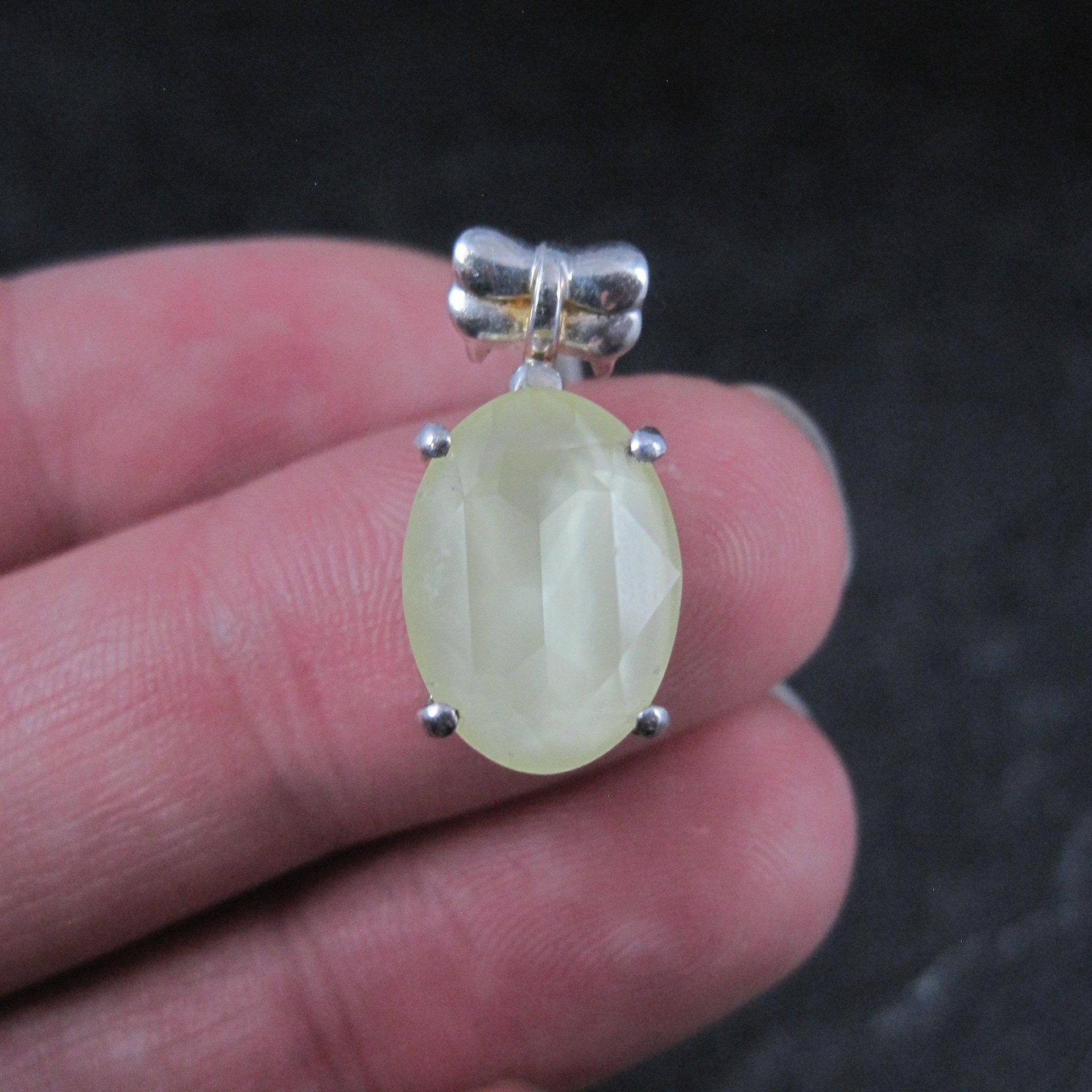 Yellow Prehnite Bow Pendant Sterling Silver Estate