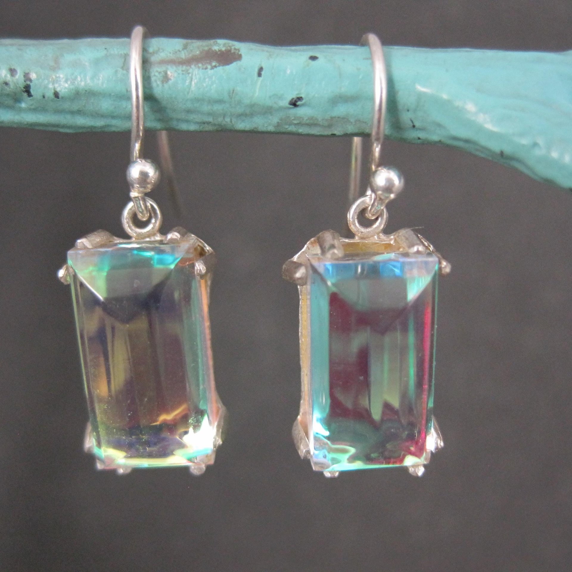 Aurora Borealis Art Glass Earrings Sterling Silver