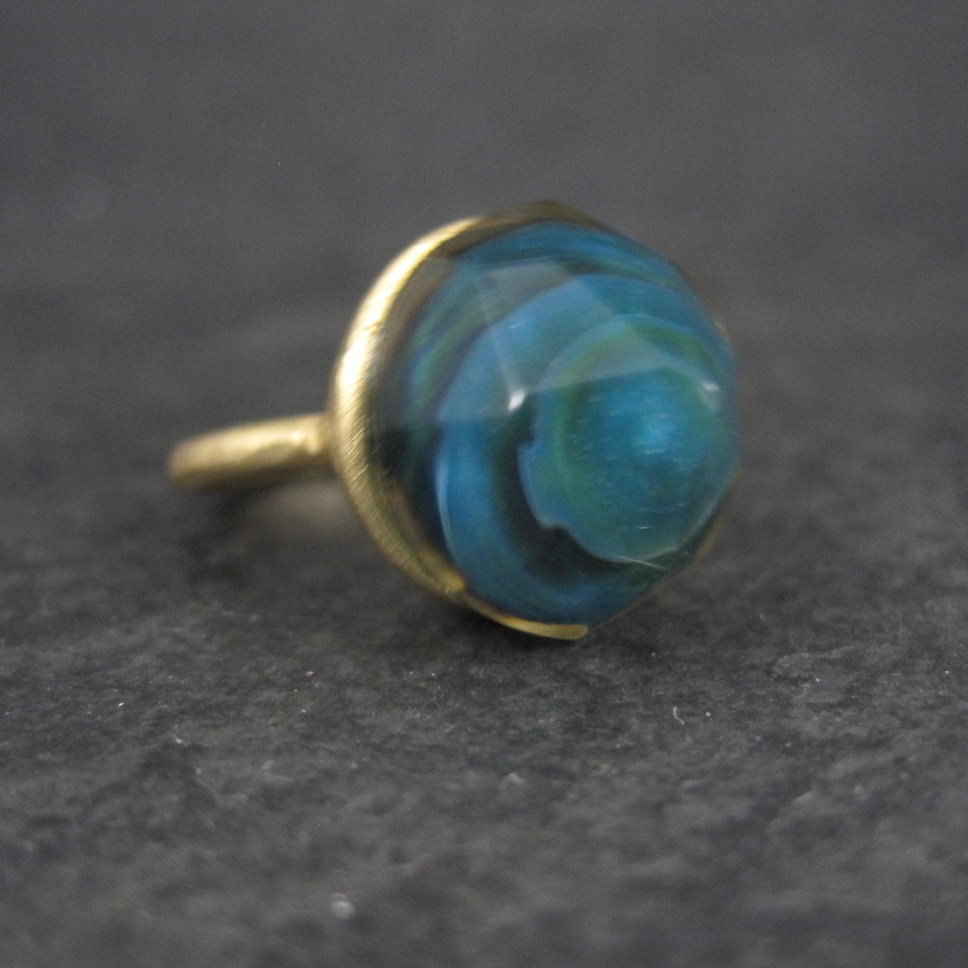 Bronze Blue Art Glass Ring Size 5.5 One of a Kind