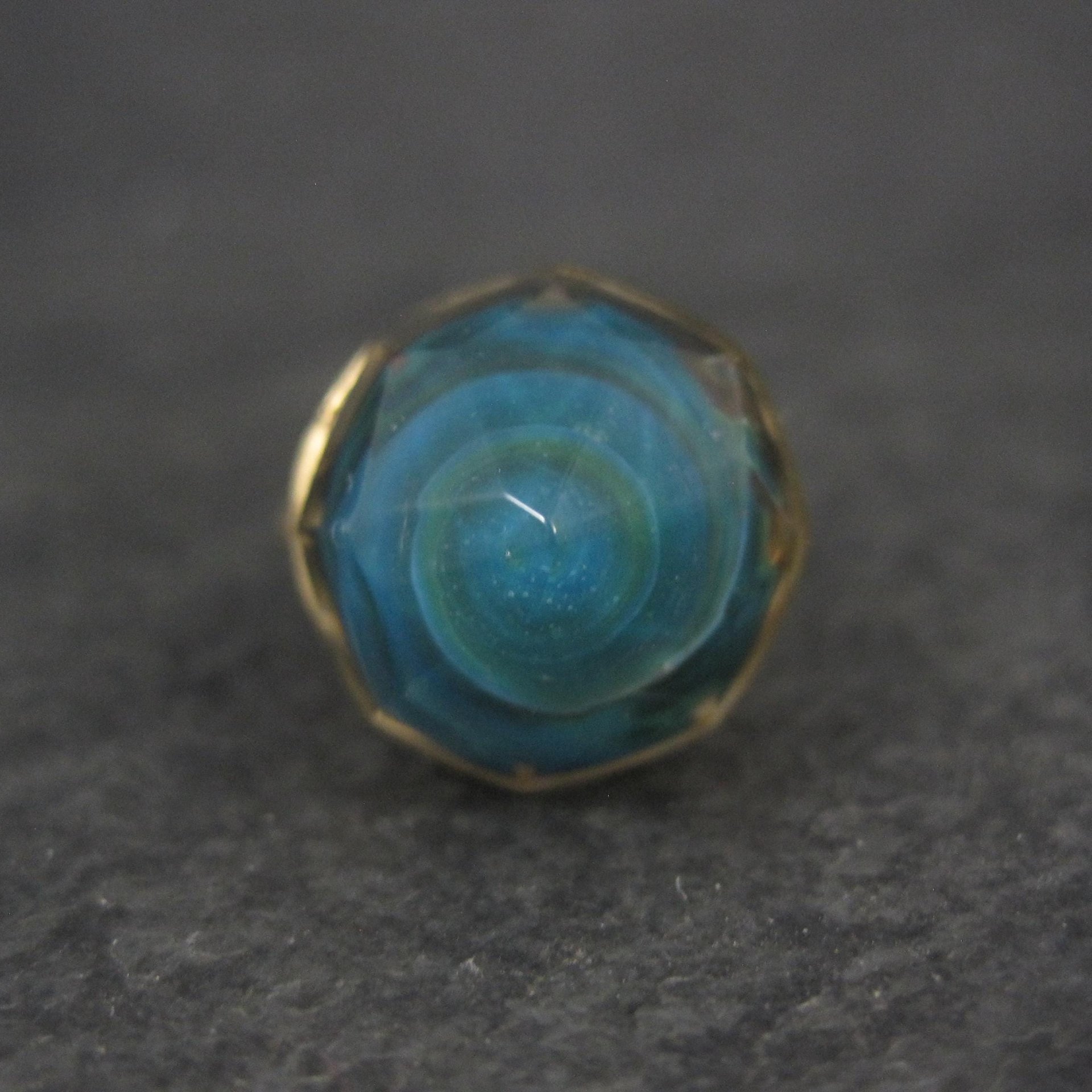 Bronze Blue Art Glass Ring Size 5.5 One of a Kind