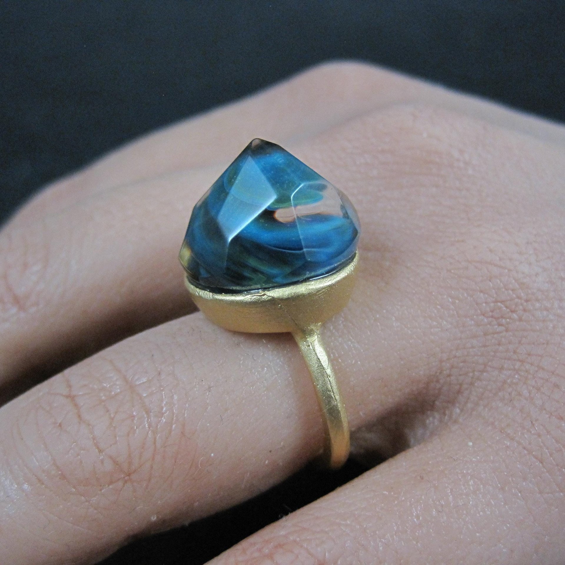 Bronze Blue Art Glass Ring Size 5.5 One of a Kind