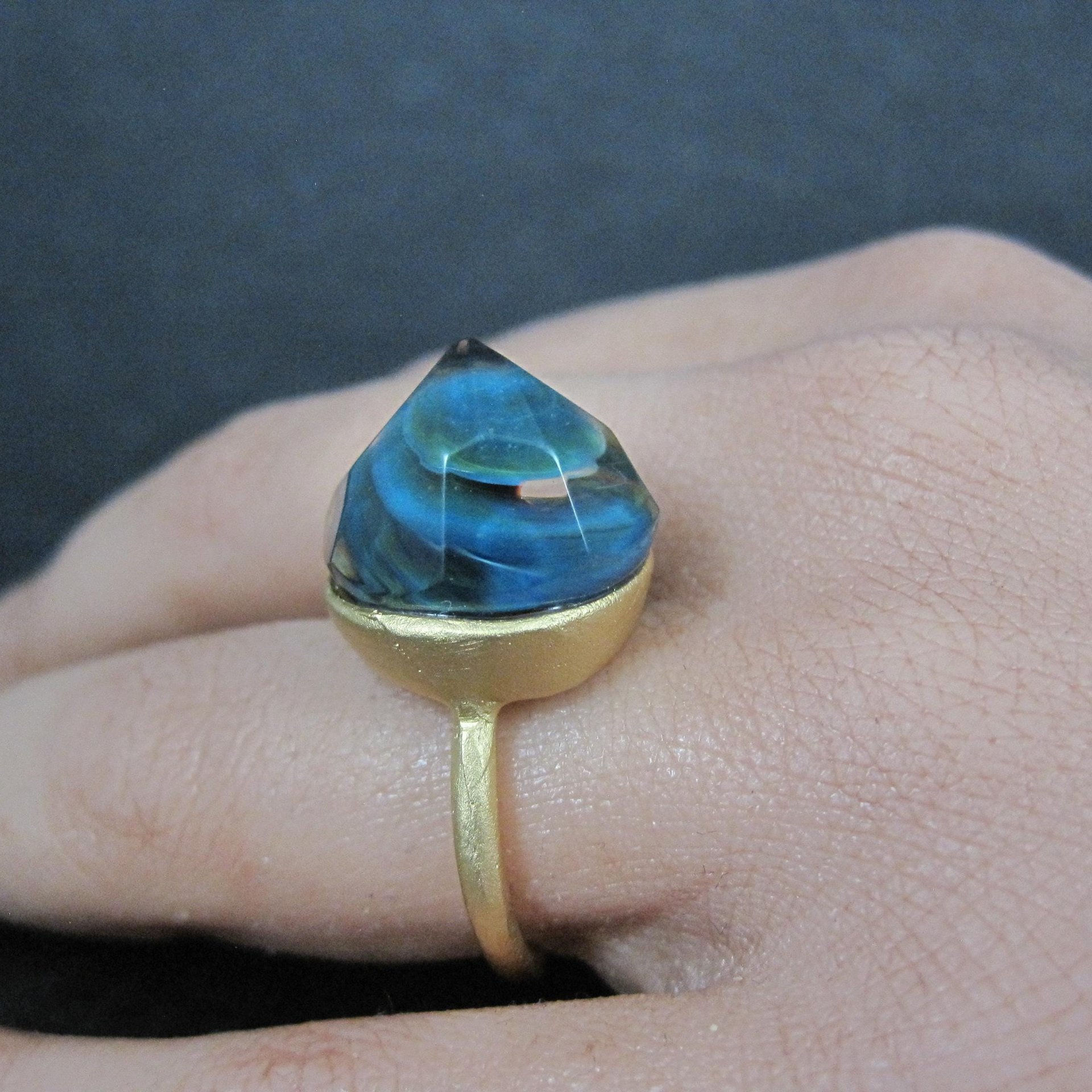 Bronze Blue Art Glass Ring Size 5.5 One of a Kind