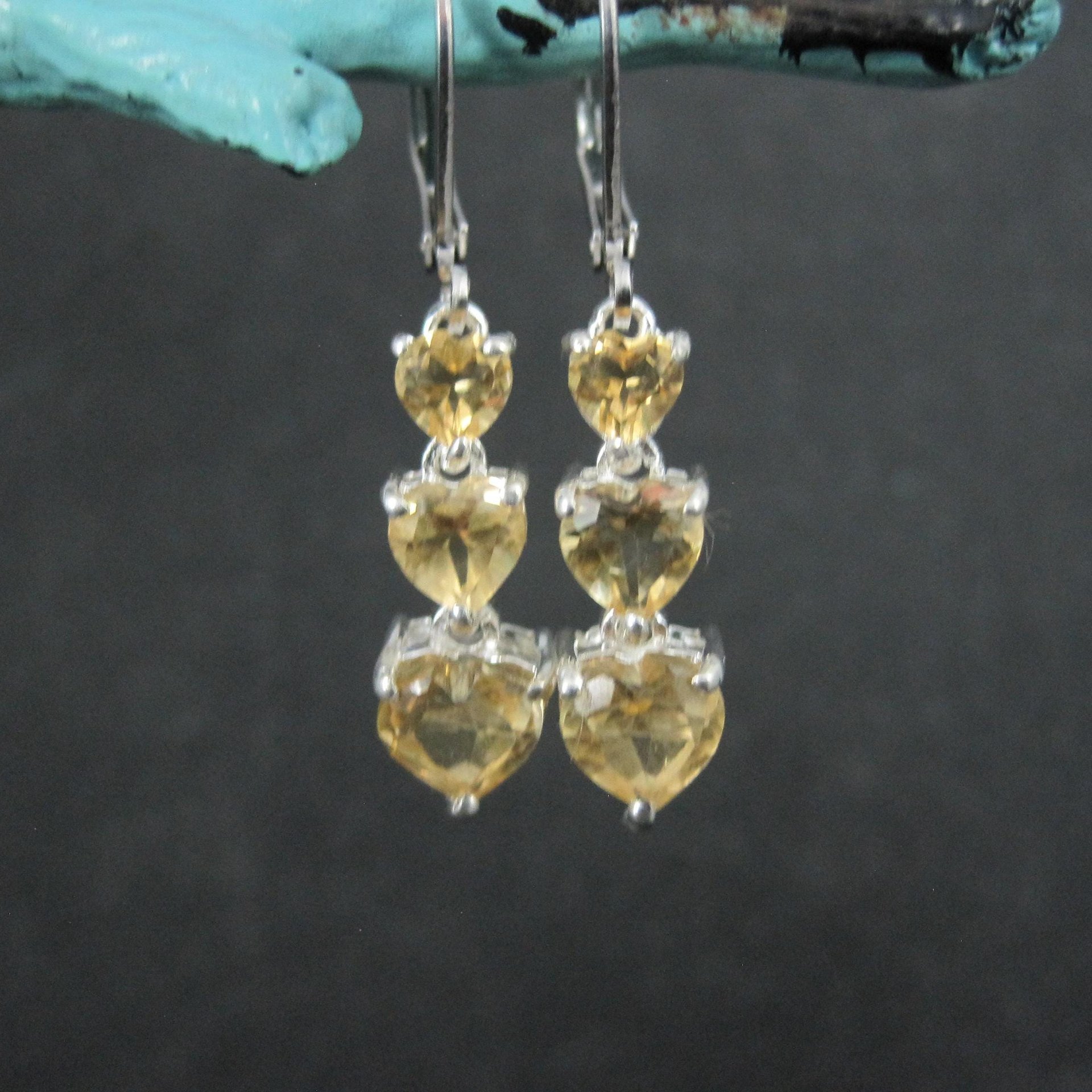 Sterling Silver Citrine Heart Earrings Lever Back by Chuck Clemency Estate Jewelry