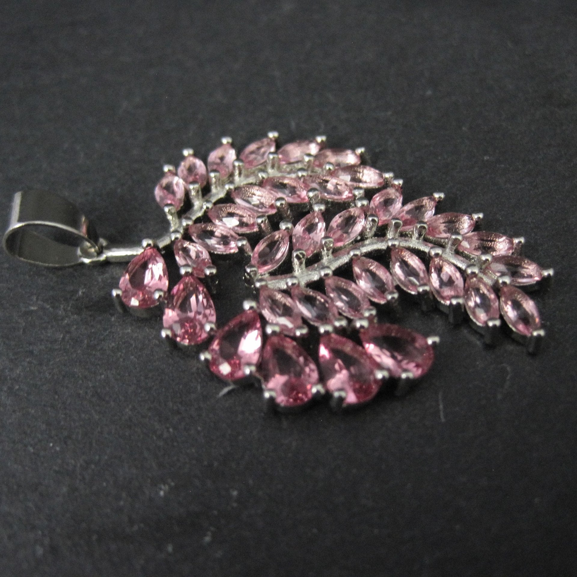 Estate Sterling Silver Pink Ice Cubic Zirconia Leaf Pendant
