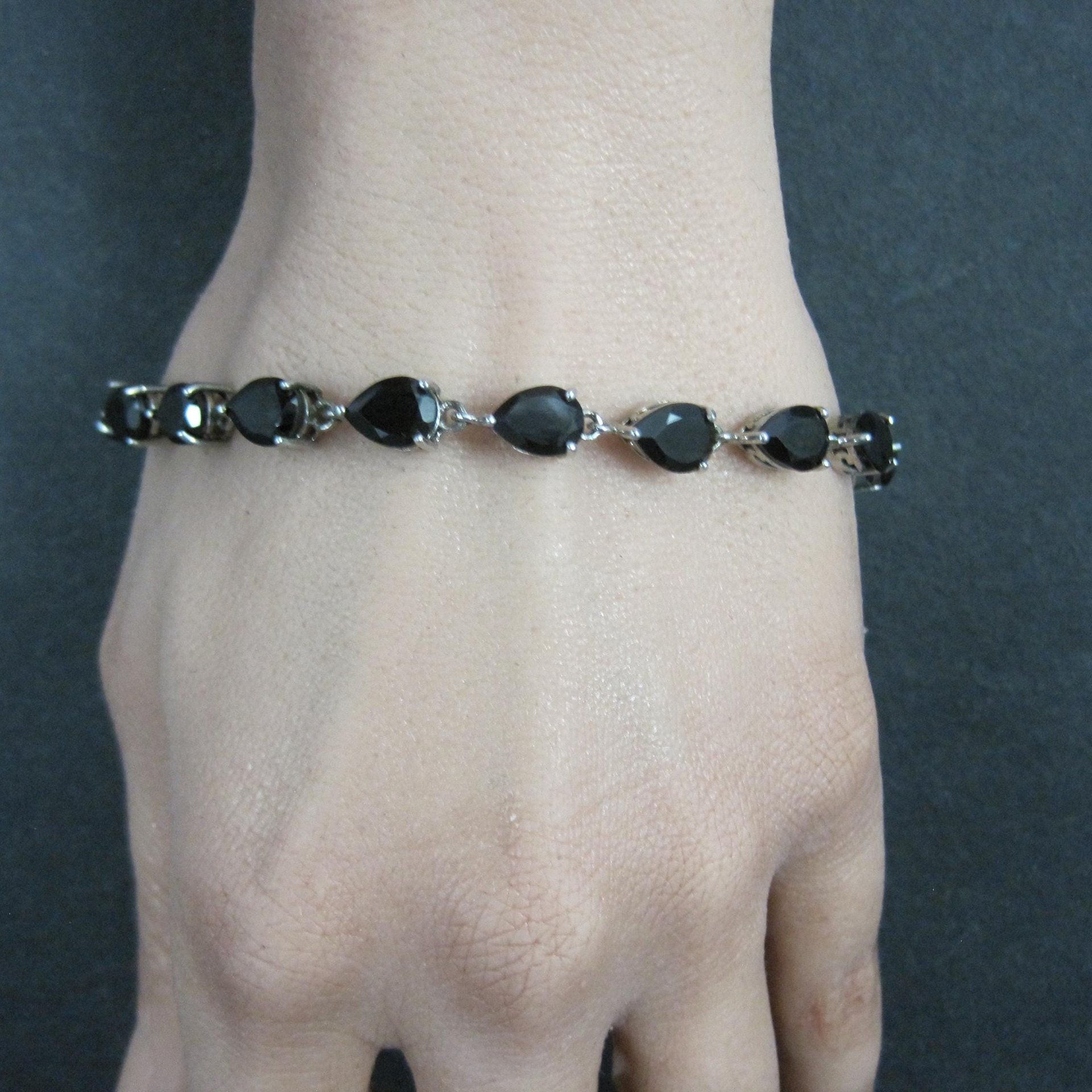Faceted Pear Cut Black Tourmaline Bracelet Sterling Silver 8.25 Inches