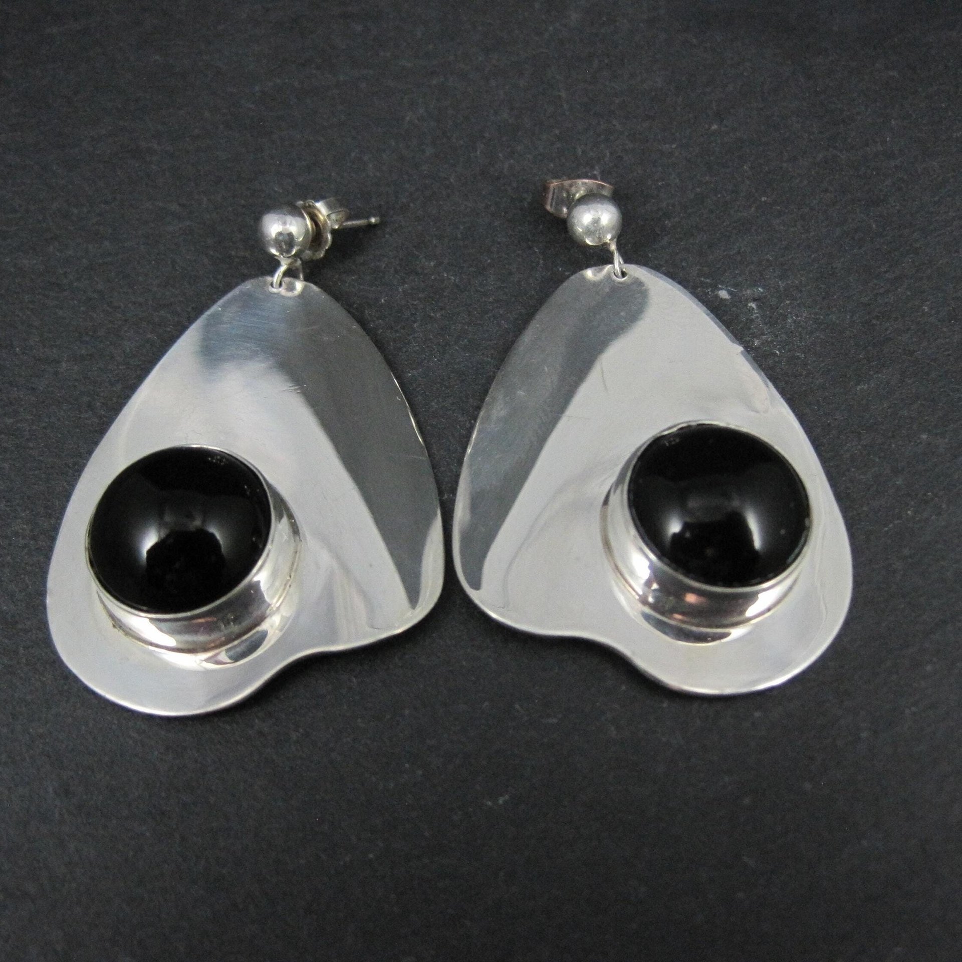 Large Sterling Silver Onyx Earrings Modernist M Kaye