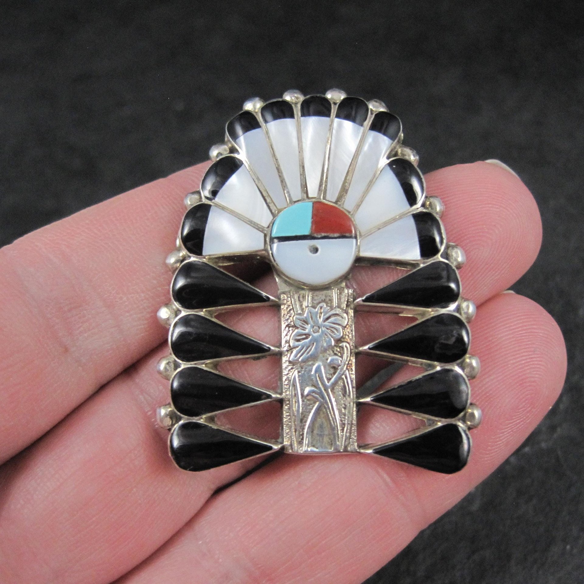 Southwestern Inlay Sunface Headdress Pendant Brooch