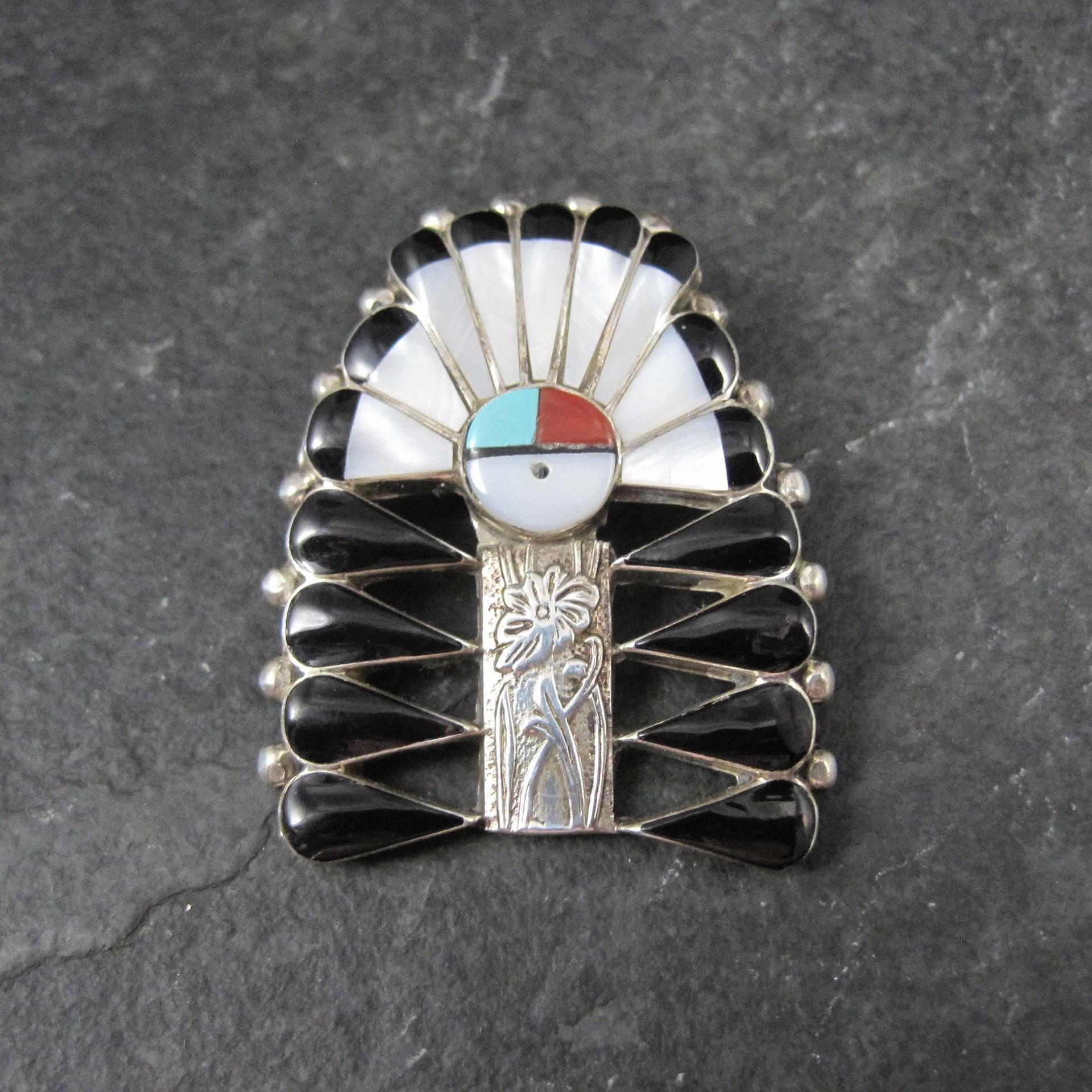 Southwestern Inlay Sunface Headdress Pendant Brooch