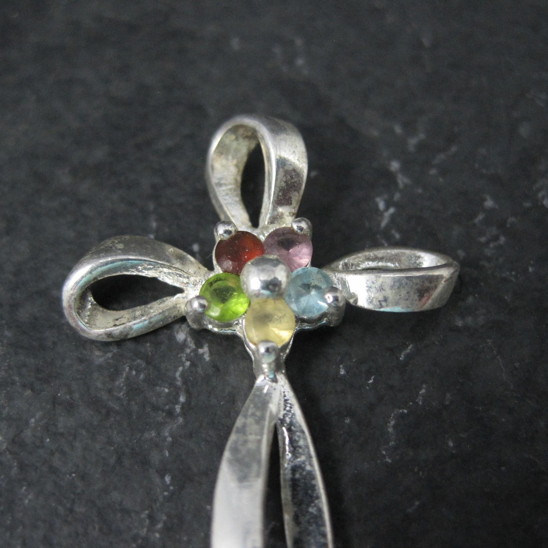 Simple Sterling Gemstone Cross Pendant Estate Silver