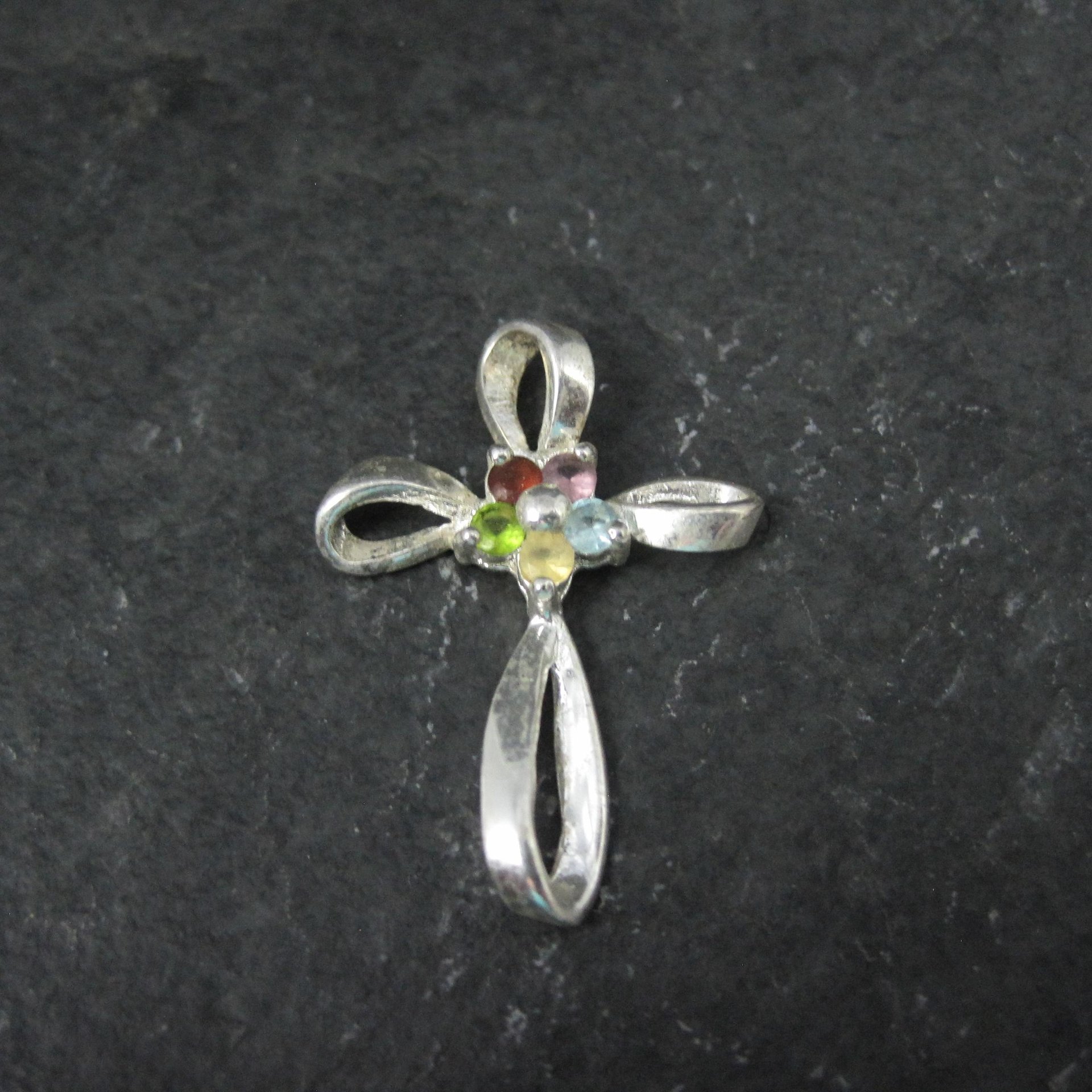 Simple Sterling Gemstone Cross Pendant Estate Silver