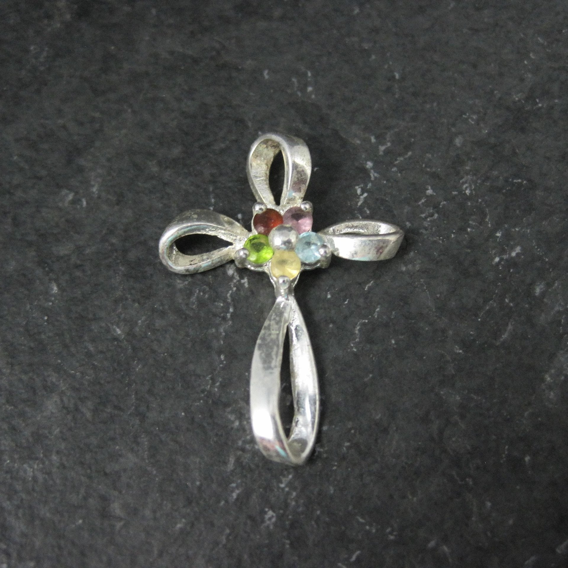 Simple Sterling Gemstone Cross Pendant Estate Silver