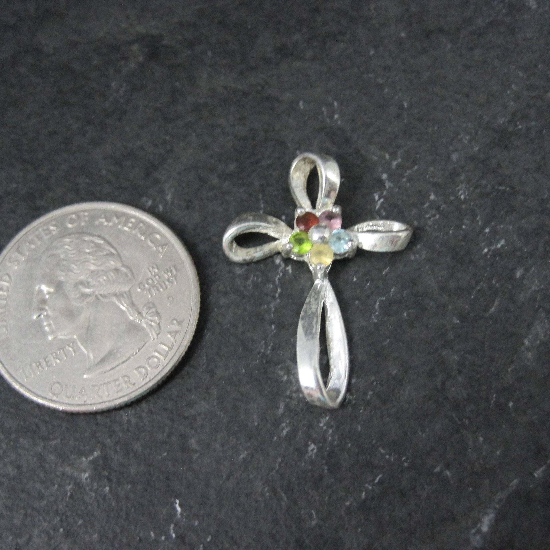 Simple Sterling Gemstone Cross Pendant Estate Silver