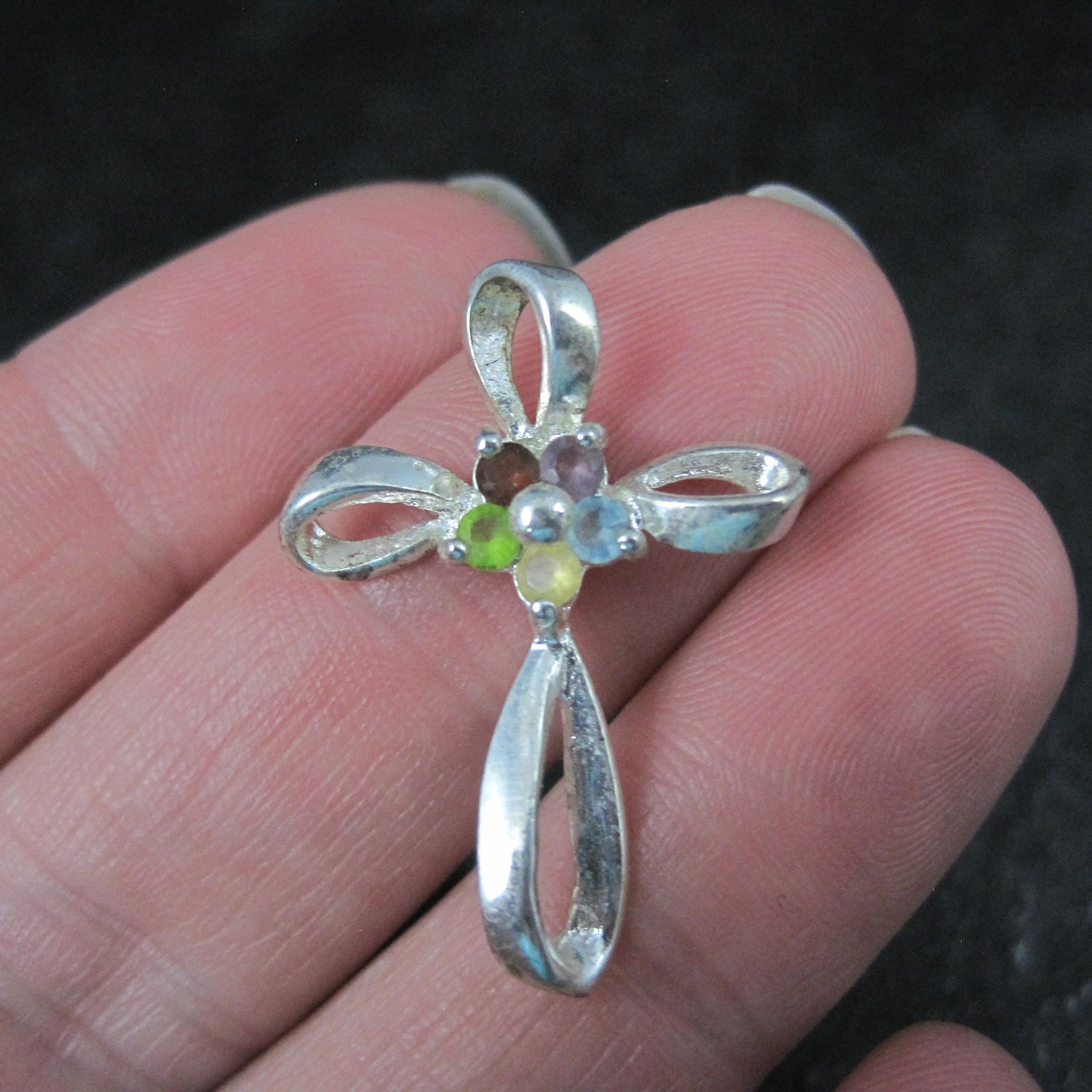Simple Sterling Gemstone Cross Pendant Estate Silver