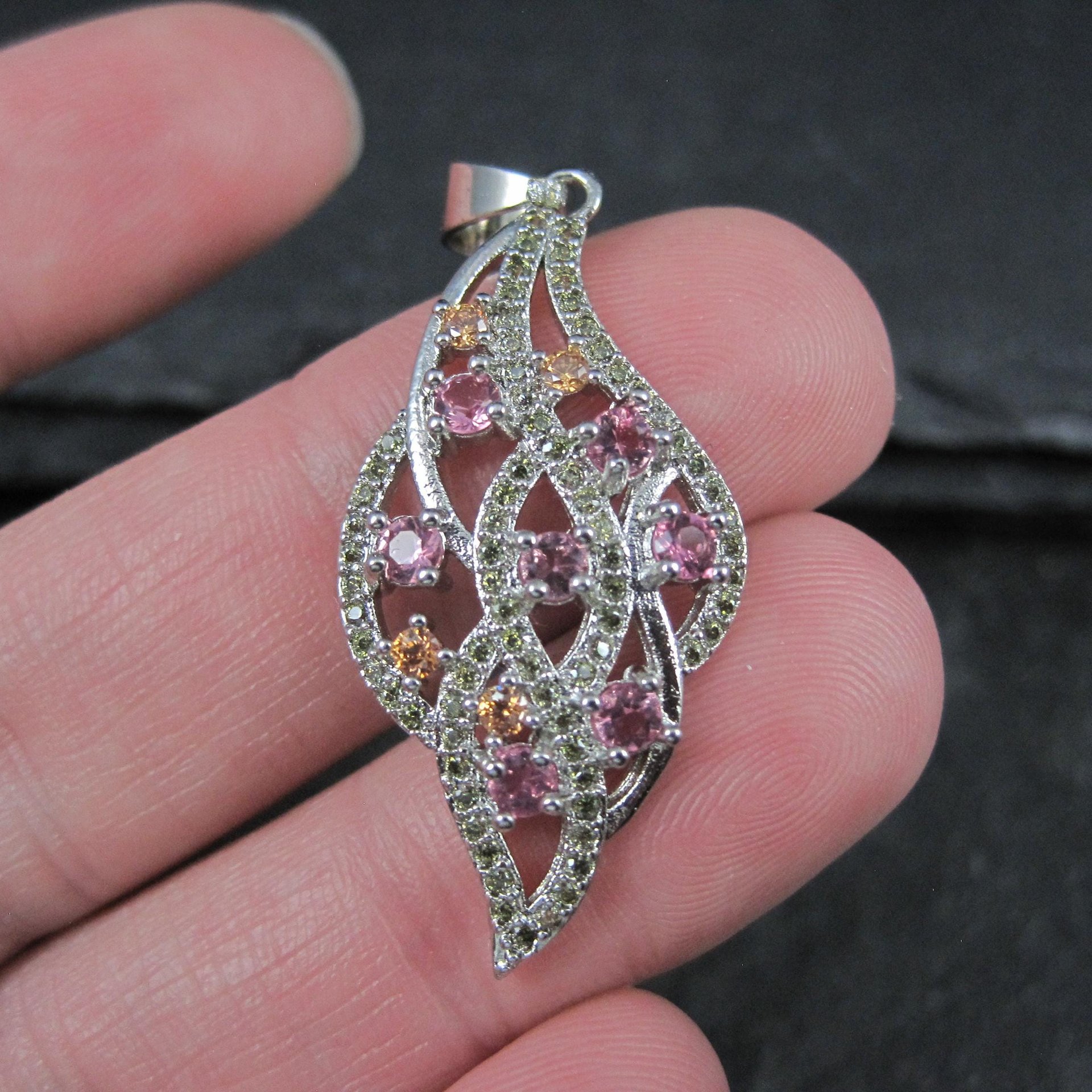 Estate Sterling Champagne Orange and Pink Cz Pendant
