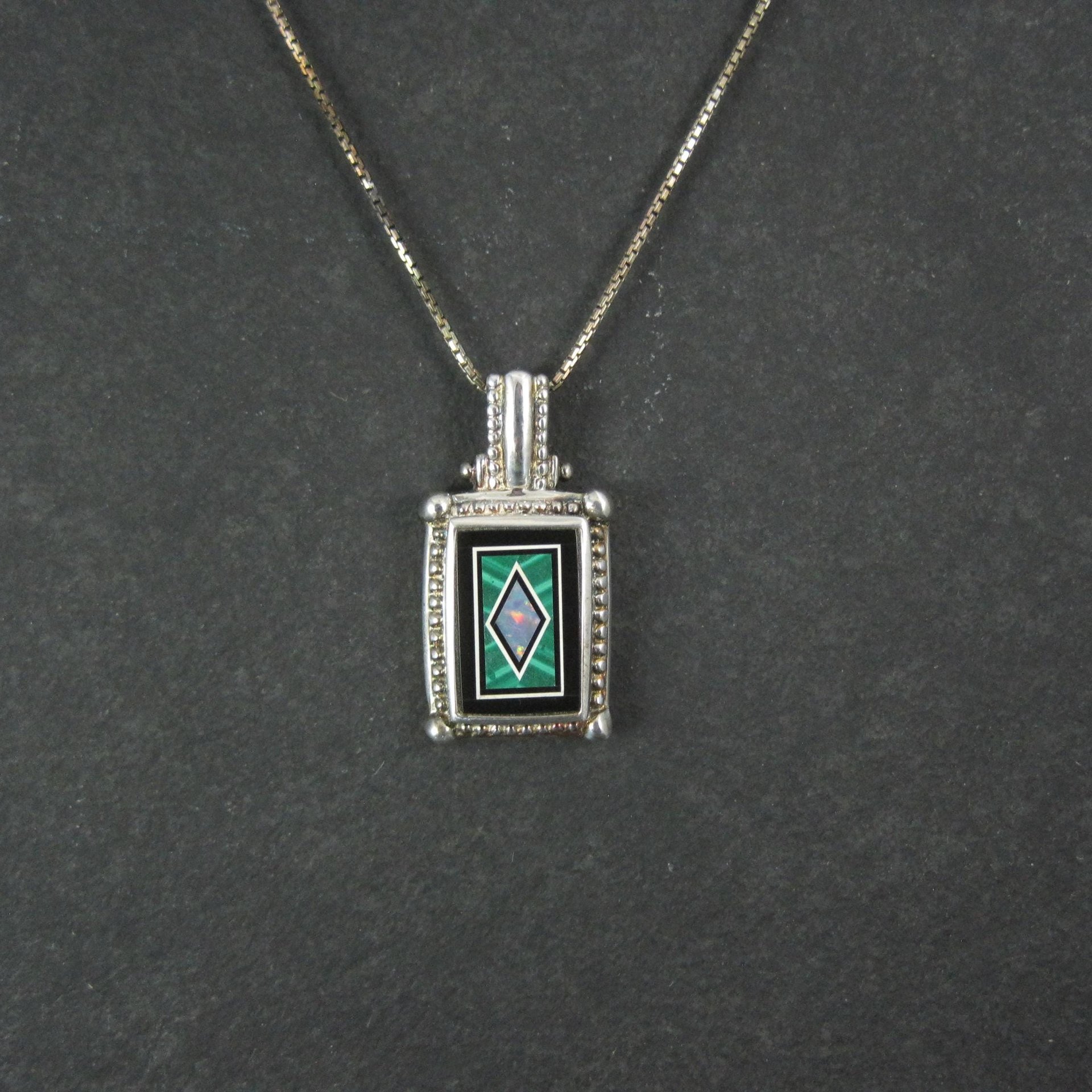 Sterling Silver Opal Malachite Inlay Pendant Necklace