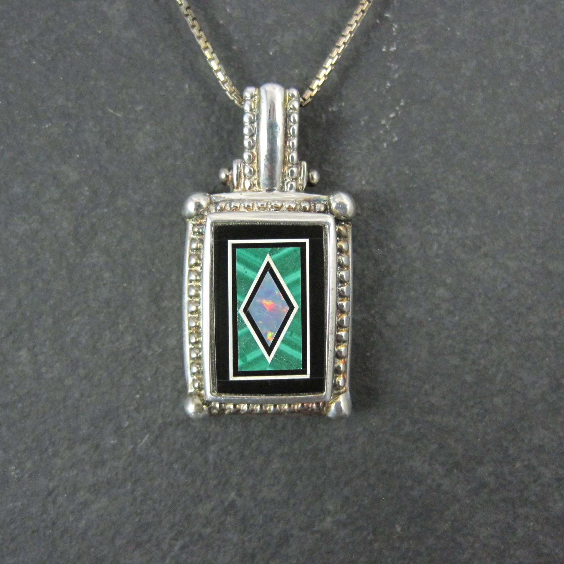 Sterling Silver Opal Malachite Inlay Pendant Necklace