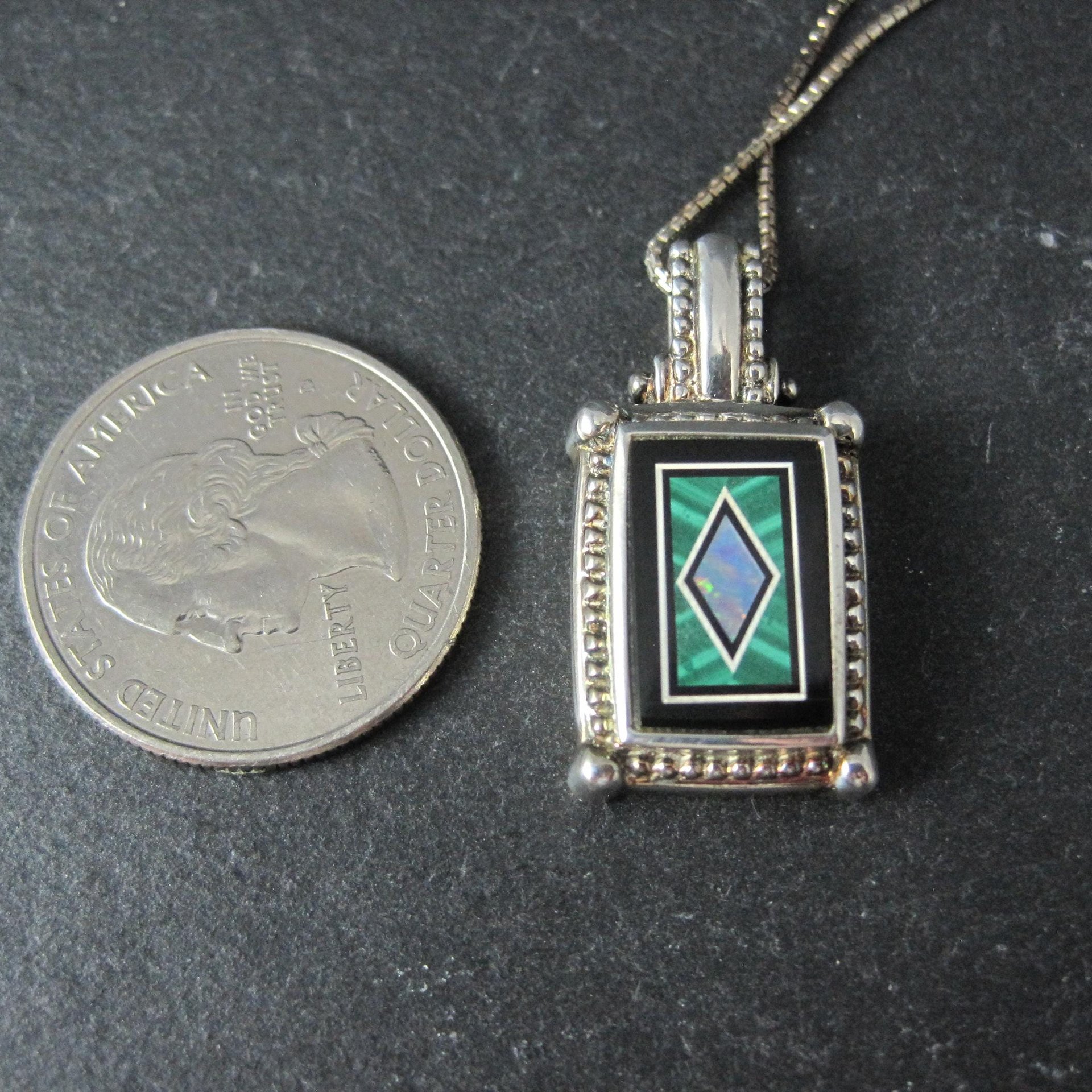 Sterling Silver Opal Malachite Inlay Pendant Necklace