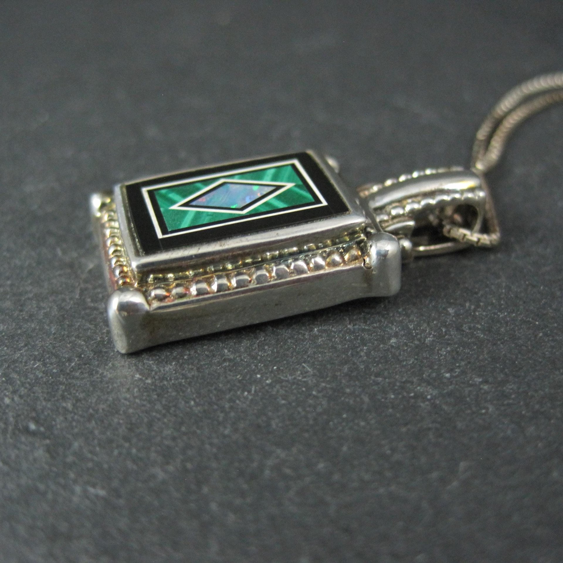 Sterling Silver Opal Malachite Inlay Pendant Necklace