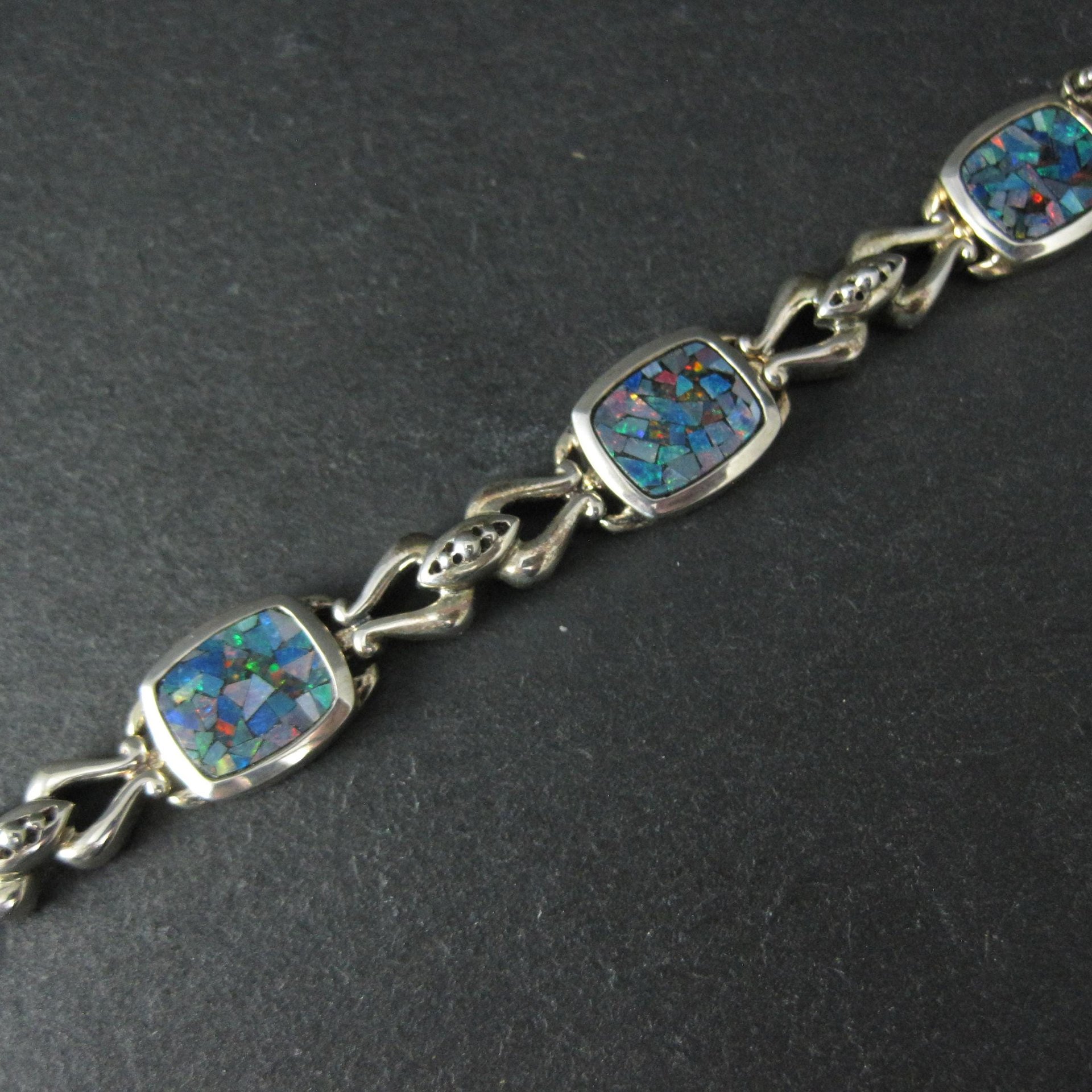 Sterling Silver Mosaic Opal Inlay Bracelet 7.25 Inches