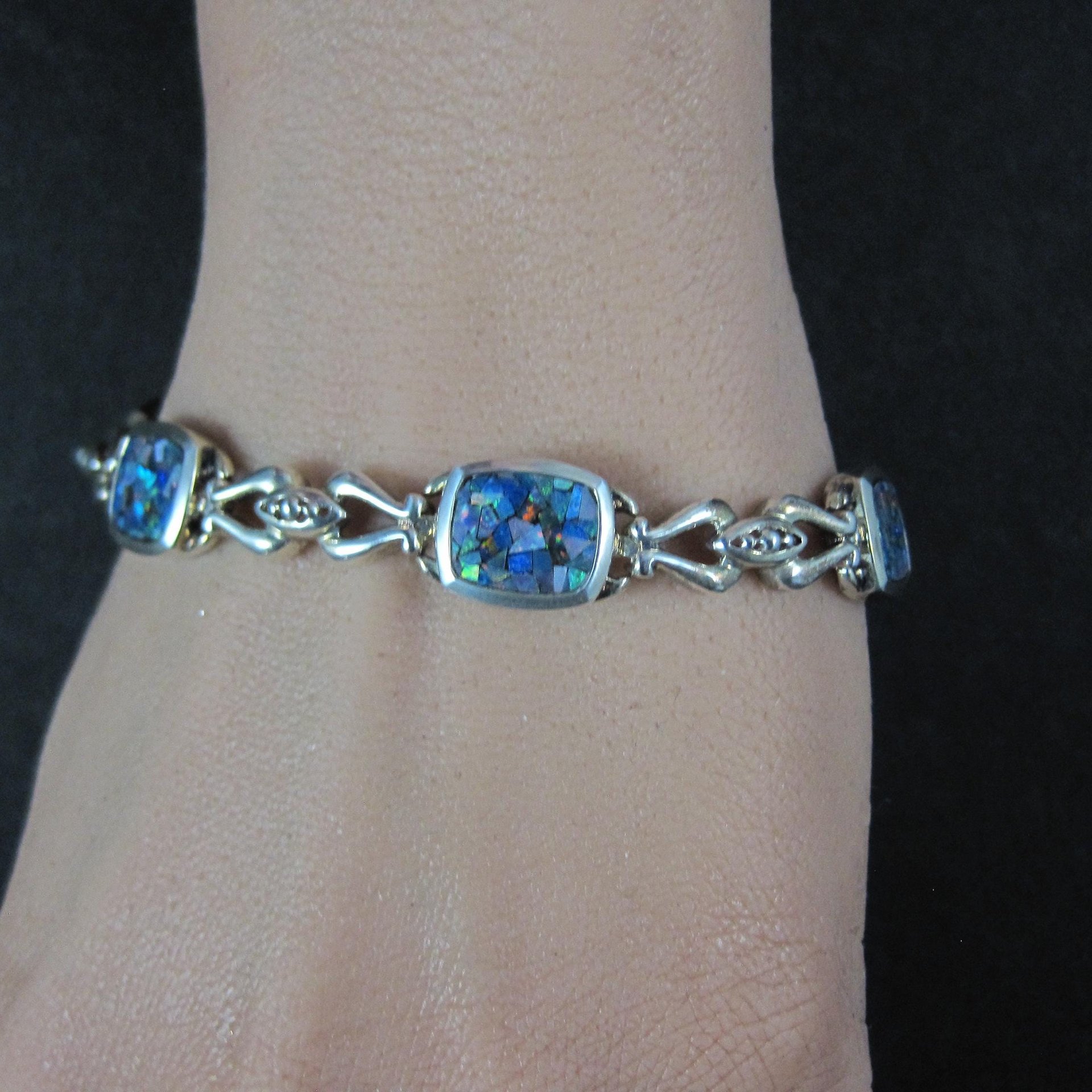 Sterling Silver Mosaic Opal Inlay Bracelet 7.25 Inches