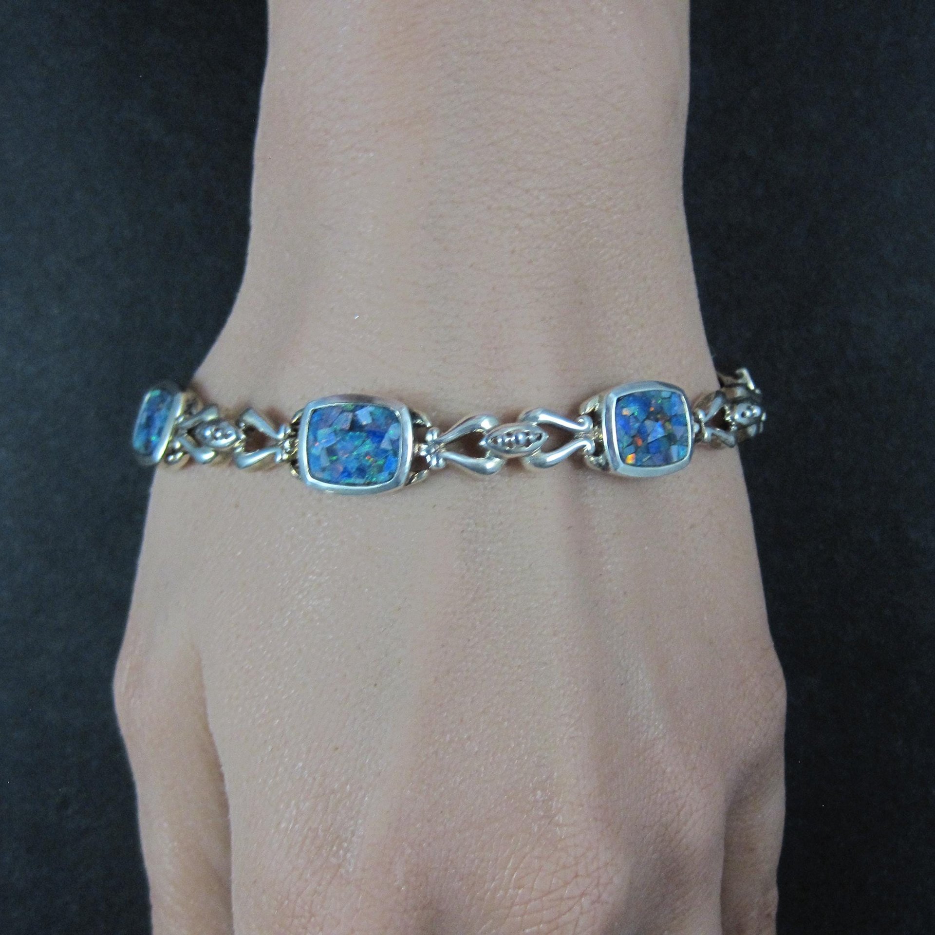 Sterling Silver Mosaic Opal Inlay Bracelet 7.25 Inches