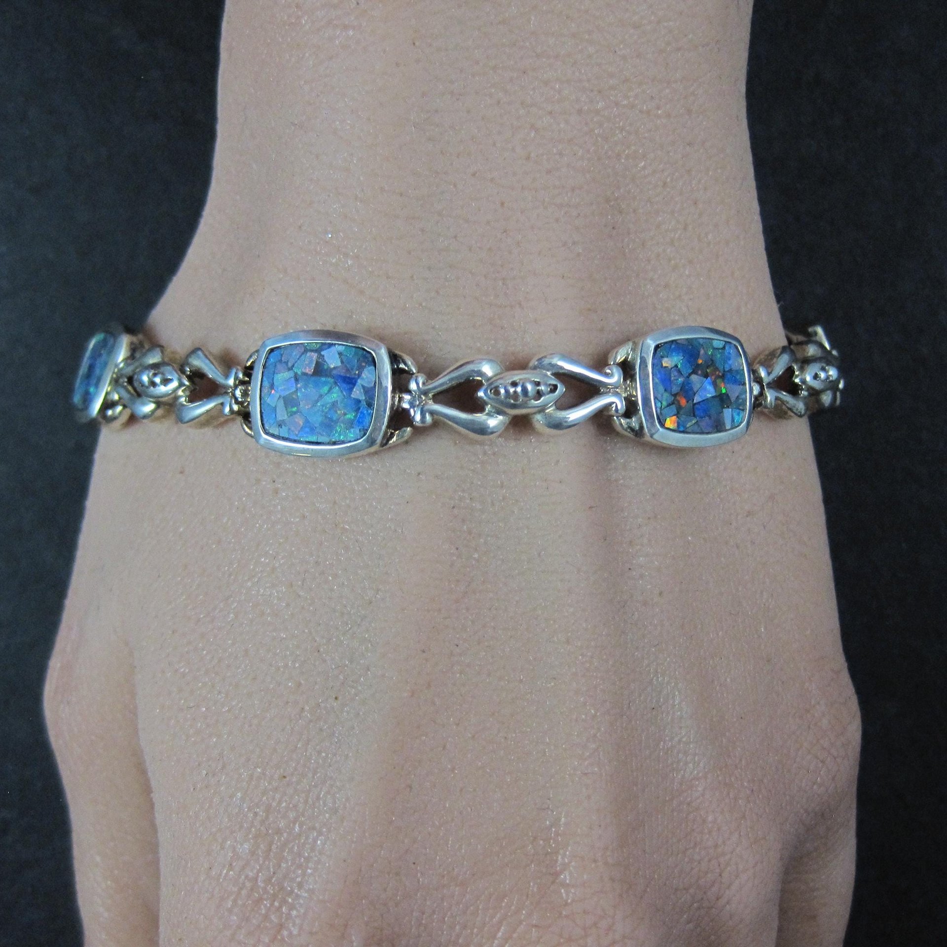 Sterling Silver Mosaic Opal Inlay Bracelet 7.25 Inches
