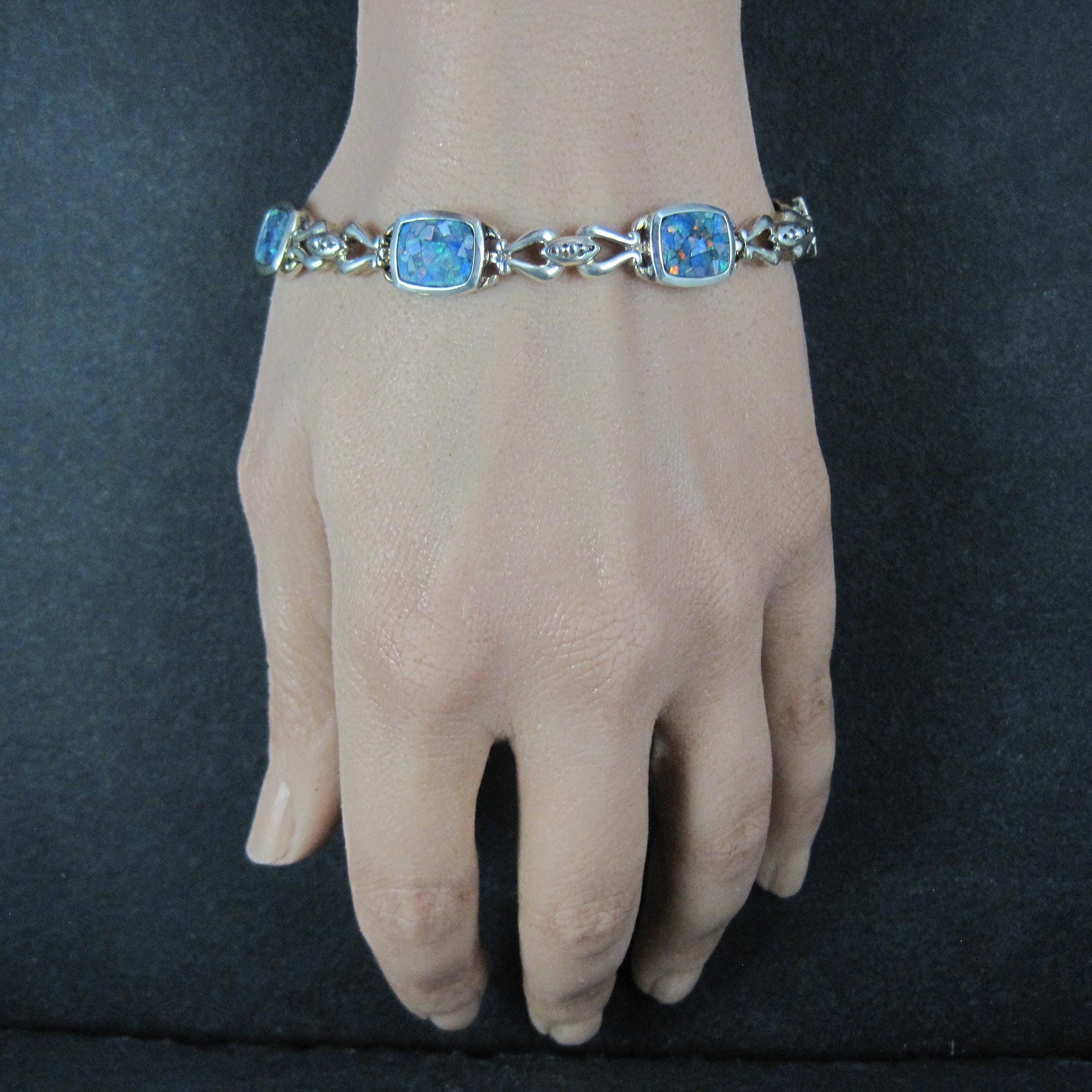 Sterling Silver Mosaic Opal Inlay Bracelet 7.25 Inches