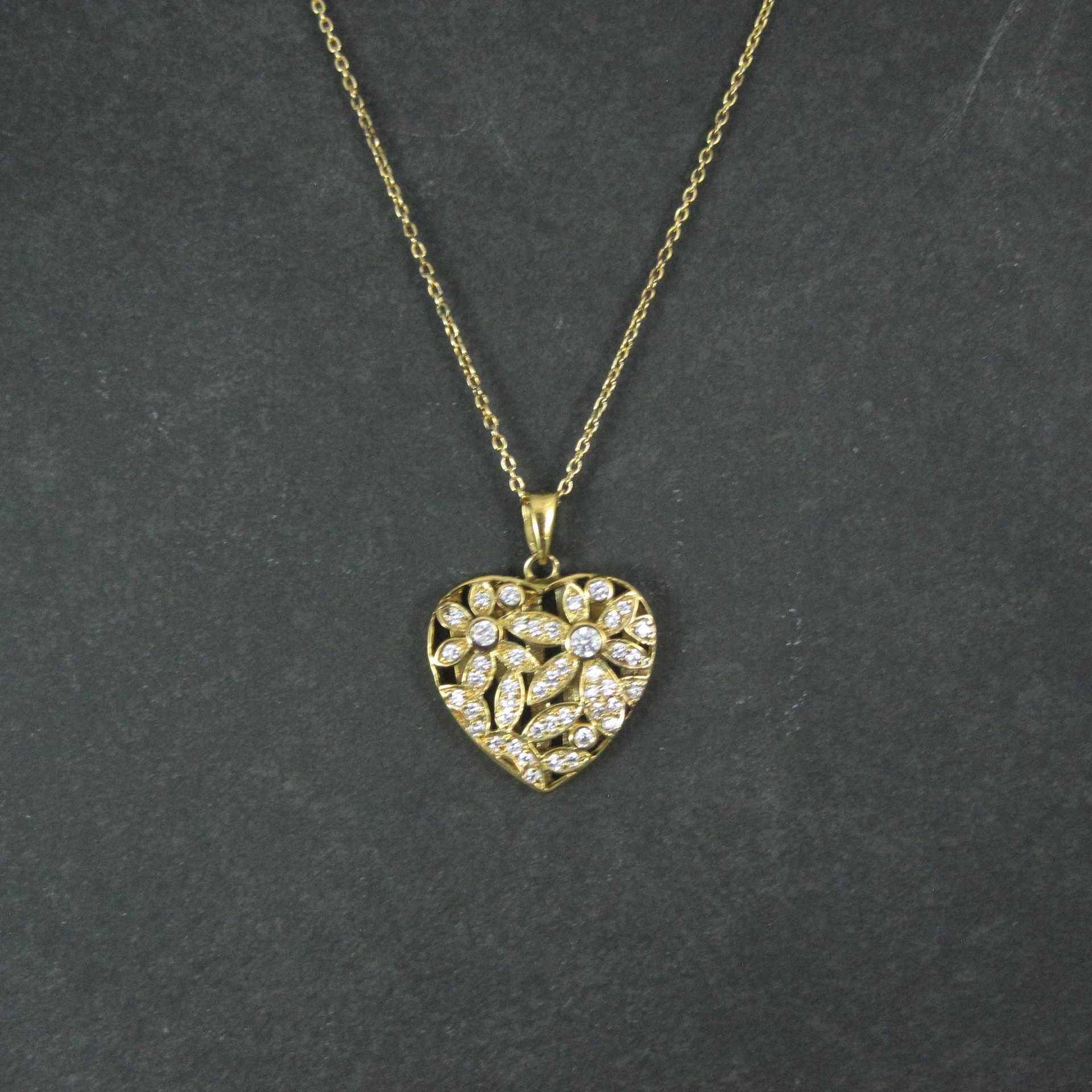 Estate Vermeil Sterling Flower Heart Pendant Necklace
